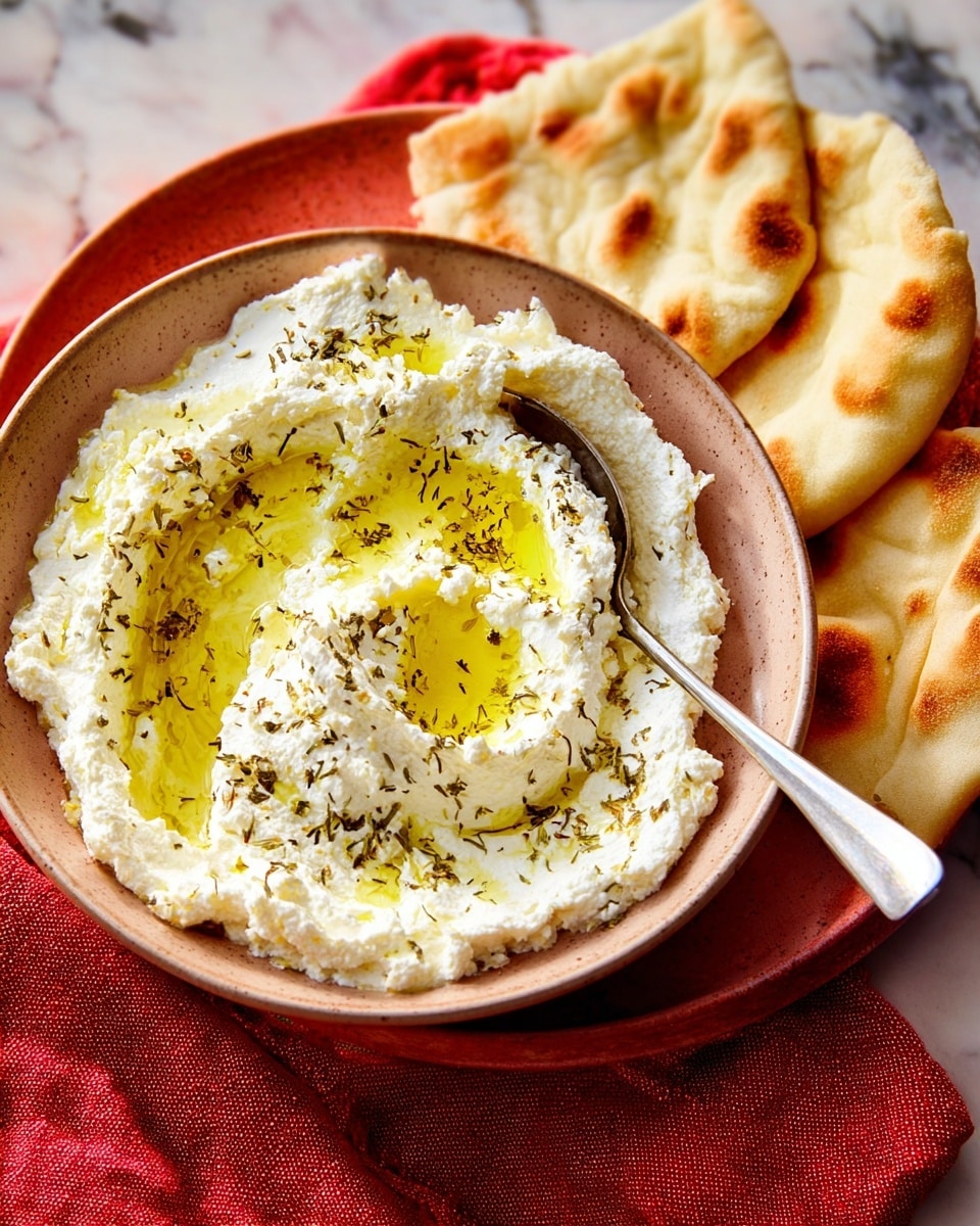 A bowl filled with a creamy white cheese spread that has a rough, slightly crumbly texture as the base layer, topped with a pool of golden olive oil that fills the center and small specks of dried herbs scattered evenly across the surface. A silver spoon rests inside the bowl, dug slightly into the cheese, suggesting it is ready to serve. Next to the bowl are folded pieces of pita bread with golden brown patches on their soft, slightly puffy surface, all placed on a red cloth over a white marbled surface. Photo taken with an iphone --ar 4:5 --v 7