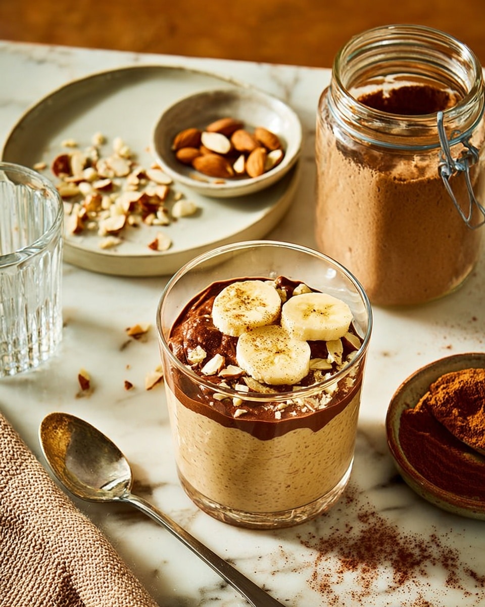 A clear glass contains a creamy layered dessert with three visible layers: the bottom layer is a light beige smooth mousse, the middle is topped with off-white, slightly curved banana slices, and the top layer is a dollop of dark brown chocolate cream sprinkled with small chopped almond pieces and a dusting of cinnamon powder. The glass sits on a white marbled surface next to a silver spoon and a beige knitted cloth. Behind, there is a glass jar filled with the same beige mousse and a metal spoon inside. To the right, two white ceramic bowls rest on the white marbled surface; one bowl holds a dark brown powder with a silver spoon in it, and the other bowl, placed inside a deeper white plate, has chopped almonds scattered around and cinnamon powder in the small bowl center. Photo taken with an iphone --ar 4:5 --v 7