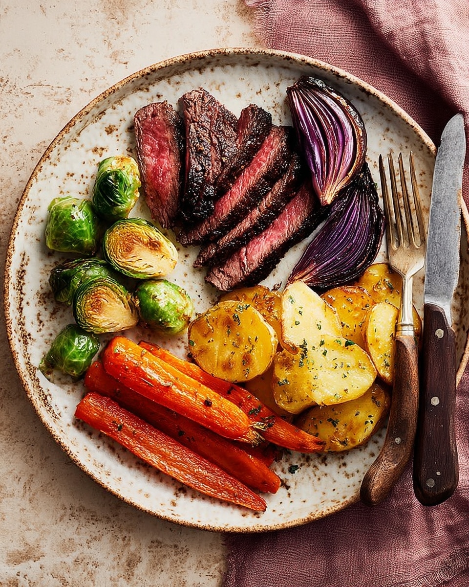 A round white plate is filled with five different foods arranged in sections. At the top right, there is a small pile of golden-brown roasted potato slices, slightly shiny with a crispy texture. Next to the potatoes on the right are several bright orange roasted carrot sticks that look tender with a few small black specks of seasoning. Below the carrots, there is a cluster of roasted red onion wedges with purple and dark brown edges, showing a soft texture. To the left of the onions are green halved Brussels sprouts with a glossy and fresh appearance. Finally, at the top left of the plate, there are four thick slices of medium rare steak with a dark crust and deep pink inside. A silver fork rests on the left side and a dark-handled knife is on the right, both on a white marbled surface with a light mauve cloth underneath. photo taken with an iphone --ar 4:5 --v 7