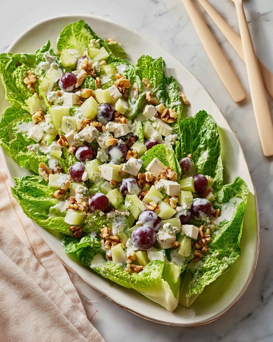 A white oval plate is filled with a fresh salad arranged in two main layers. The bottom layer consists of bright green romaine lettuce leaves neatly placed side by side, forming a leafy base around the edge of the plate. On top, there is a mix of pale green diced celery and apple cubes, scattered evenly with halved deep purple grapes and small pieces of light brown walnuts. The salad is lightly drizzled with a creamy white dressing, adding a slight shine to the ingredients. The plate sits on a white marbled textured surface, with two beige salad servers resting beside it. photo taken with an iphone --ar 4:5 --v 7