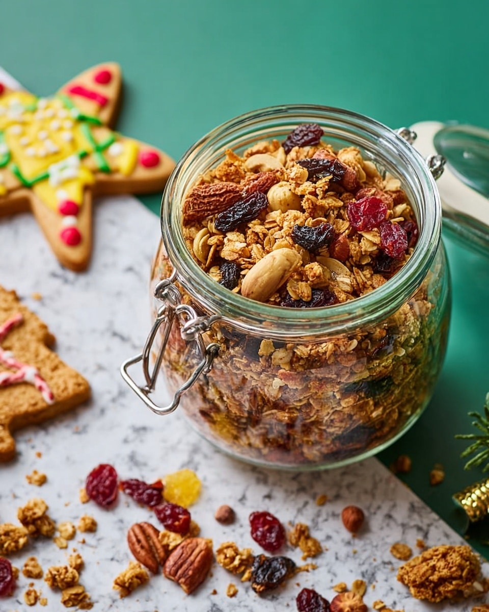 A clear glass jar filled with a mix of granola, nuts, dried fruits, and seeds, showing different textures and colors: light brown crunchy clusters, dark brown and reddish almonds and hazelnuts, yellow dried pineapple pieces, and deep purple dried berries. The jar sits open on a white marbled surface with a few granola bits scattered around it, beside a white decorated cookie with red, yellow, and white icing, and a small twine star-shaped ornament with glitter. photo taken with an iphone --ar 4:5 --v 7