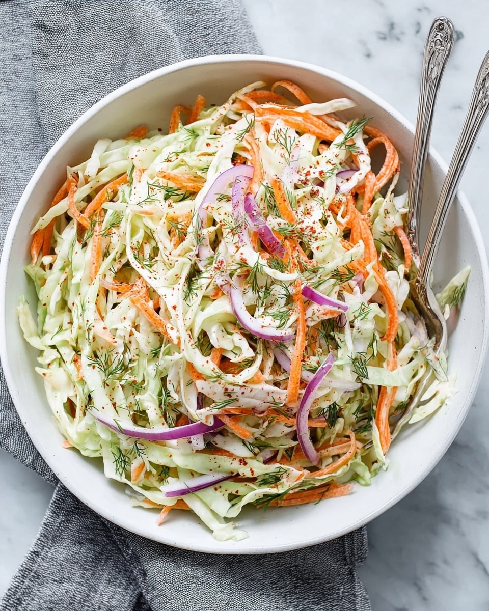 A white bowl filled with a fresh coleslaw salad made of finely shredded white cabbage, thin orange carrot strips, and thin slices of purple onion mixed evenly. The salad has small green dill pieces scattered throughout and a light dressing coating the vegetables, with some red paprika sprinkled on top for a touch of color. Two silver salad servers rest inside the bowl. The bowl is placed on a blue cloth on a white marbled surface with a clear glass and a white plate partially visible around it. Photo taken with an iphone --ar 4:5 --v 7
