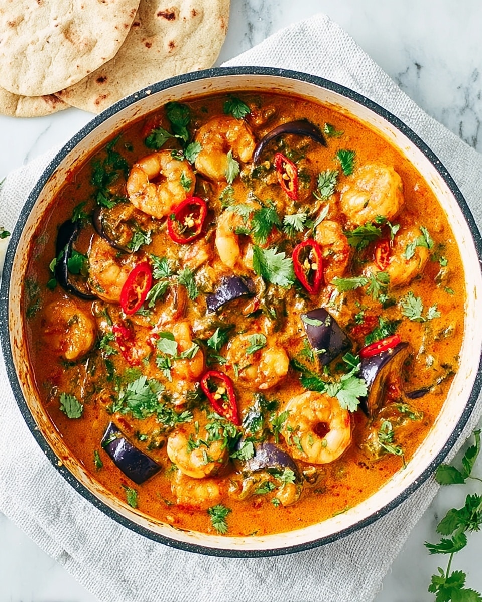 A round pan filled with a rich, orange-red curry containing large shrimp, chunks of eggplant, and slices of red chili spread evenly across the dish. Bright green cilantro leaves are generously sprinkled on top, adding spots of fresh green color against the warm tones of the curry. The pan sits on a white cloth on a white marbled surface with two pieces of white flatbread partially visible on the left side. The overall look is colorful, fresh, and warm, showing a thick, textured sauce with pieces layering naturally inside the pan. Photo taken with an iphone --ar 4:5 --v 7