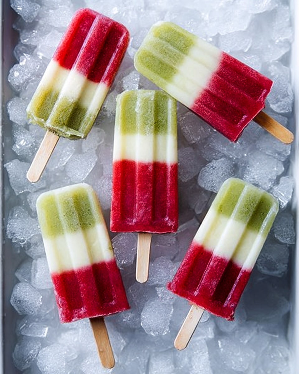 The image shows five layered popsicles resting on a bed of ice cubes inside a white tray. Each popsicle has three distinct layers: a creamy white layer at the top, a light green layer in the middle, and a bright red layer at the bottom. The popsicles have wooden sticks and a smooth texture, with the ice crystals around them making the scene look cold and refreshing. The icy background is a white marbled texture that highlights the colors of the popsicles well. photo taken with an iphone --ar 4:5 --v 7
