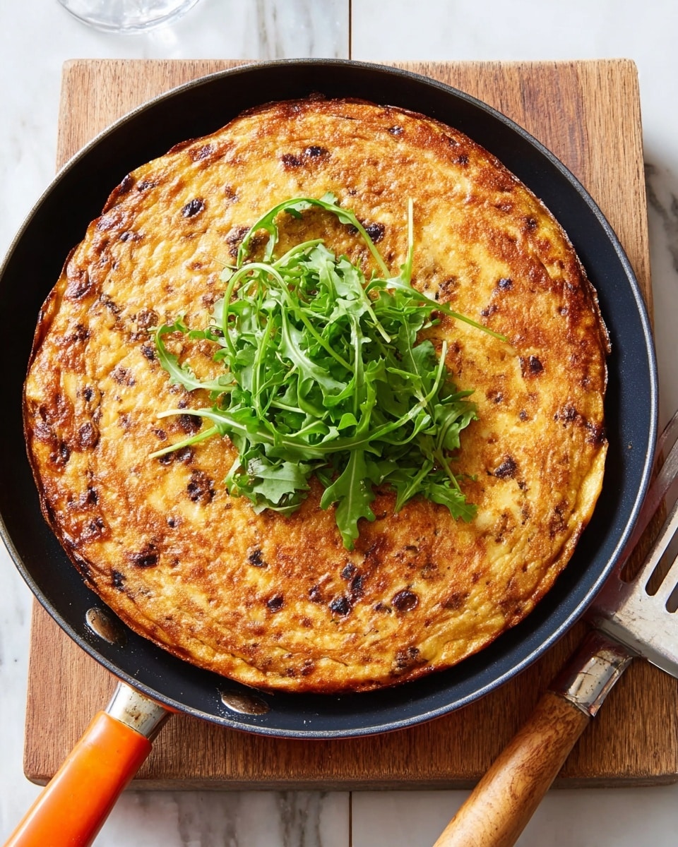 A round frittata cooked in a black pan with an orange handle sits on a white marbled surface. The frittata has a golden-brown top with small dark spots showing bits of vegetables or herbs inside. On top in the center is a small pile of fresh green arugula leaves. Beside the pan, there is a metal spatula with a white handle resting on the white marbled surface. The photo taken with an iphone --ar 4:5 --v 7