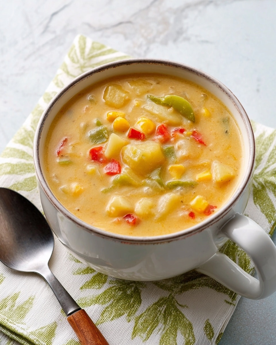 The image shows a white bowl filled with thick, creamy soup containing several layers of ingredients. The soup has a pale yellow base with visible pieces of bright yellow corn, green bell pepper slices, and small red pepper bits mixed evenly throughout. The texture looks smooth but chunky with soft, cooked vegetables. The bowl sits on a white marbled surface with a white napkin featuring green and brown leafy patterns beneath it. A metal spoon with a wooden handle rests beside the bowl on the napkin, emphasizing the cozy and fresh presentation. Photo taken with an iphone --ar 4:5 --v 7
