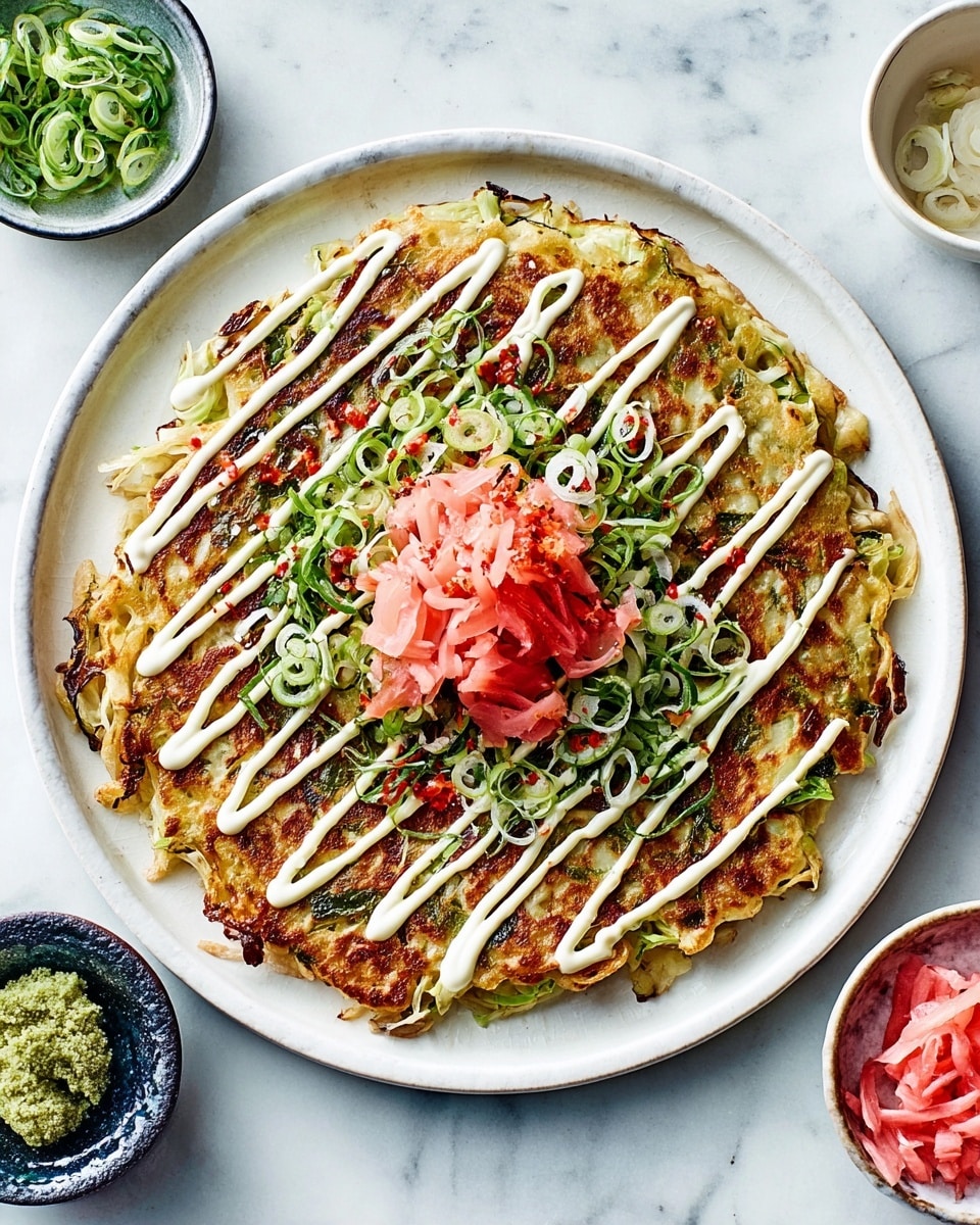 A white round plate holds a single pancake-like okonomiyaki with visible layers. The base layer is a golden-brown, slightly crispy pancake mixed with green cabbage shreds and tiny red chili pieces scattered throughout. On top, there are creamy white mayonnaise drizzles in a zigzag pattern across the entire surface. In the center, there is a small mound of pink pickled ginger strips surrounded by thinly sliced green scallion rings. The plate is placed on a white marbled surface, with small bowls containing green wasabi and more pink pickled ginger around it. Photo taken with an iphone --ar 4:5 --v 7