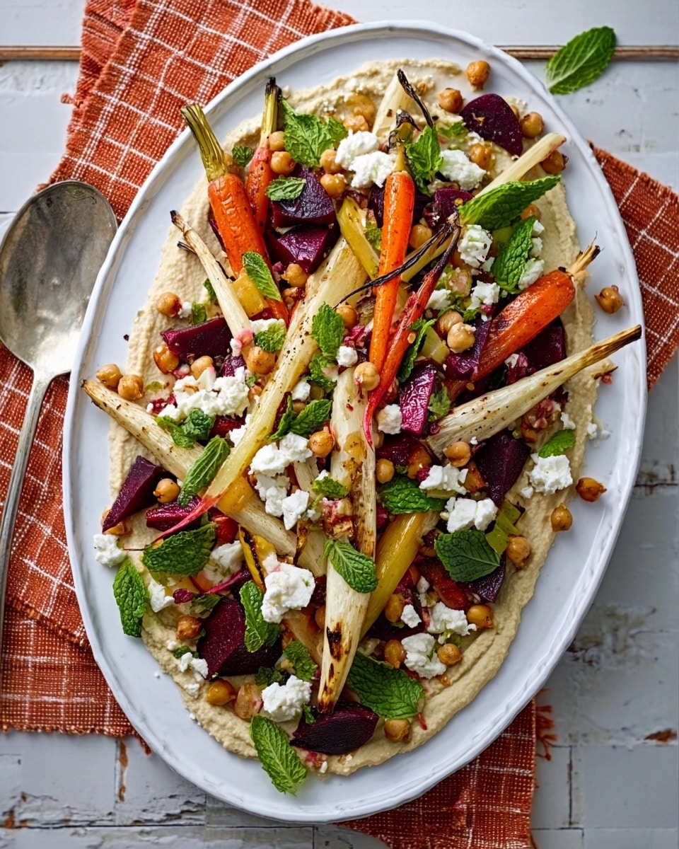 The dish is served on a white oval plate placed on a white marbled surface with an orange checkered cloth underneath. The base layer is a creamy beige sauce spread evenly across the plate. On top, there is a mix of roasted vegetables including dark purple beet pieces, light beige parsnip sticks, and bright orange carrot sticks scattered around. Small round chickpeas are also spread across the dish. Fresh green mint leaves are sprinkled for a pop of color. Crumbled white cheese is generously placed on top, adding texture and contrast. A large silver spoon is placed to the right side of the plate. photo taken with an iphone --ar 4:5 --v 7
