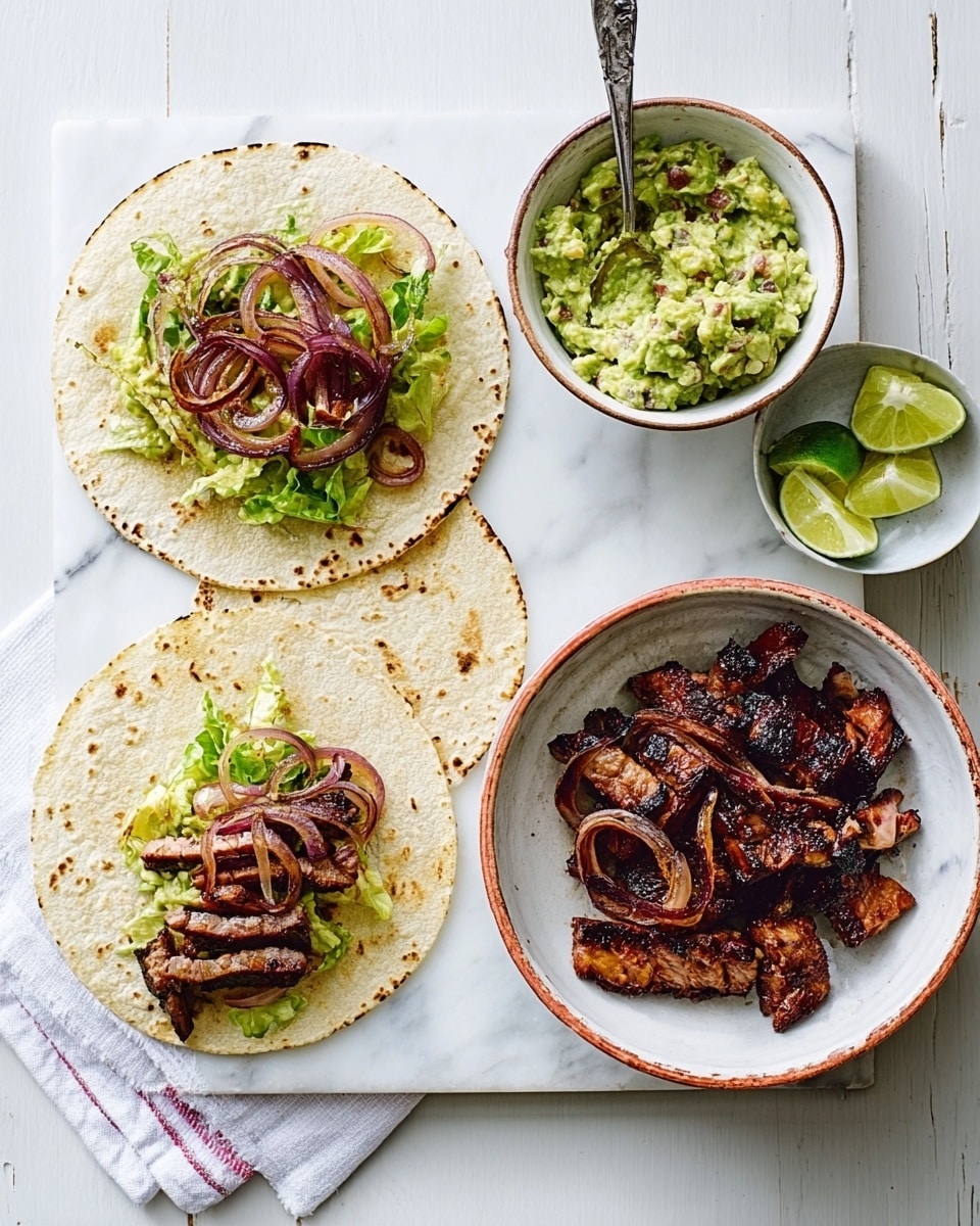 The image shows a flat white plate with four soft beige tortillas arranged in a fan shape. One of the tortillas is partially topped with a layer of green lettuce, then a layer of grilled meat slices with charred marks, and finally some cooked red onion rings on top. To the right of the tortillas, there is a white bowl filled with more grilled meat and red onion slices. Above the tortillas is another white bowl filled with chunky green guacamole mixed with small red bits and fresh herbs, with a spoon resting inside. To the left of the guacamole, a small white bowl holds several lime wedges. The whole setup is placed on a white marbled surface. A woman's hand is holding a tortilla on the left side. Photo taken with an iphone --ar 4:5 --v 7
