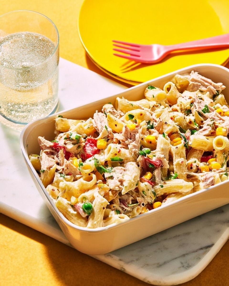 The image shows a close-up of a white rectangular container filled with a pasta salad. The salad has three visible layers: the base layer consists of white penne pasta with a smooth texture, mixed evenly with light yellow corn kernels. The middle layer includes pieces of light brown tuna and small chunks of red bell pepper, adding a mix of rough and soft textures. The top layer displays fresh green parsley leaves scattered across the dish, adding a touch of color contrast. The container is on a white marbled surface, with a glass of clear pink sparkling drink and a white bowl with green sauce and a pink fork nearby. Photo taken with an iphone --ar 4:5 --v 7