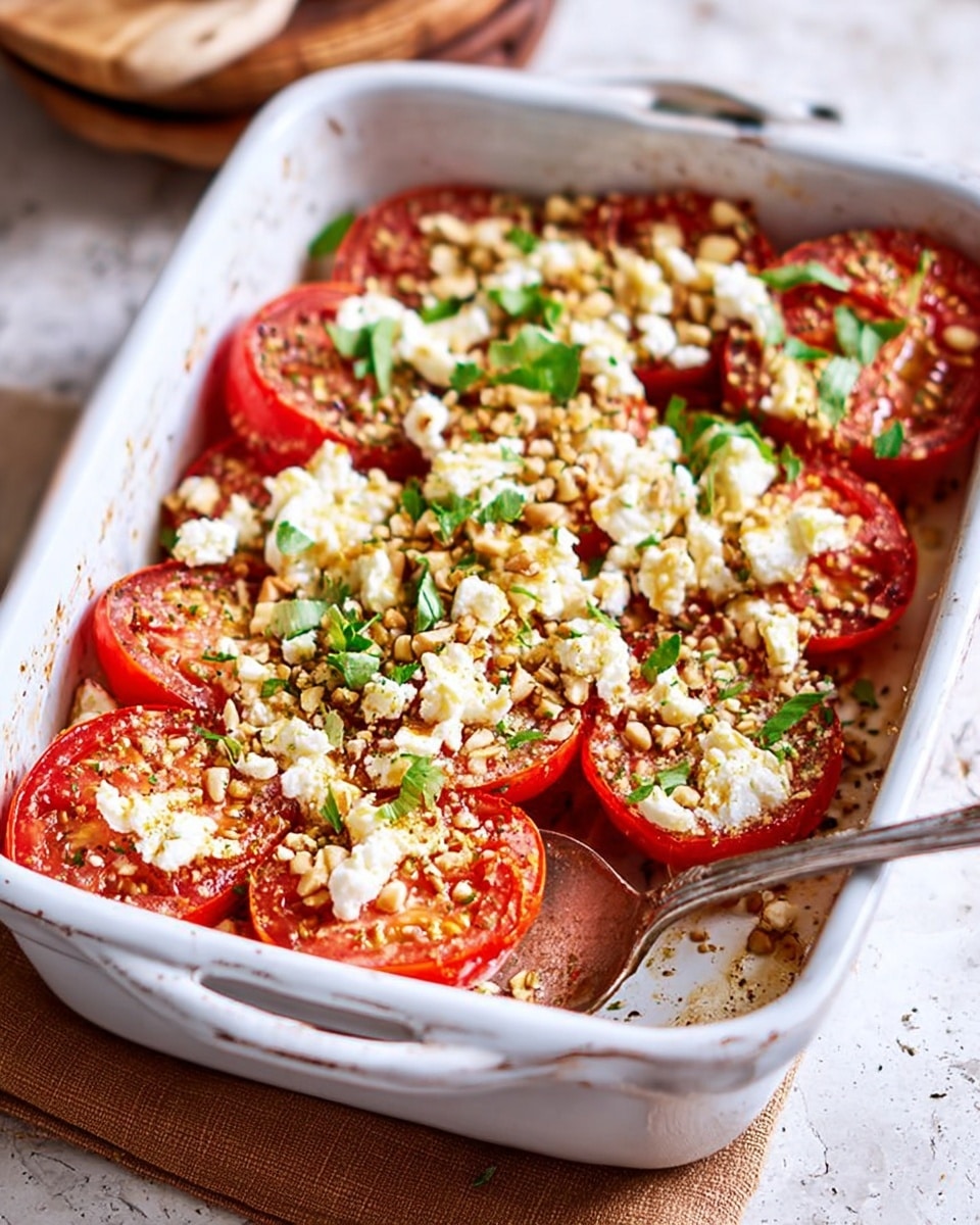 A white rectangular baking dish filled with two layers of sliced bright red tomatoes topped with crumbled white cheese, chopped green herbs, and crushed nuts creating a textured topping. The tomatoes are arranged closely in the dish, and a silver spoon rests inside on the right side. The dish sits on a burnt orange cloth on a wooden surface. photo taken with an iphone --ar 4:5 --v 7