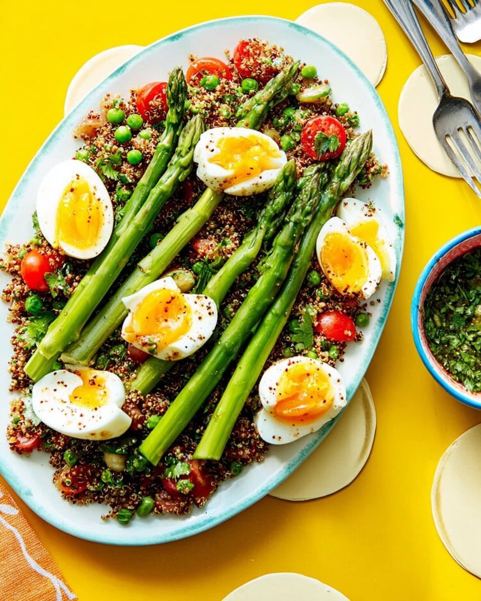 A white oval plate is filled with a bright and fresh salad made of quinoa mixed with chopped green herbs and halved cherry tomatoes, forming the bottom layer. On top of the quinoa base, there is a layer of whole green asparagus spears, laid out evenly across the plate. Above the asparagus, halved soft-boiled eggs with slightly runny yolks are placed, each topped with a sprinkle of black pepper and small green herb leaves. Beside the plate on the right side, a small bowl with chopped green onions and a light dressing sits on a white marbled surface, adding a fresh touch to the scene. A turquoise-handled fork rests on the left side of the plate, and the setup is brightly lit, showing vibrant colors of the food. Photo taken with an iphone --ar 4:5 --v 7