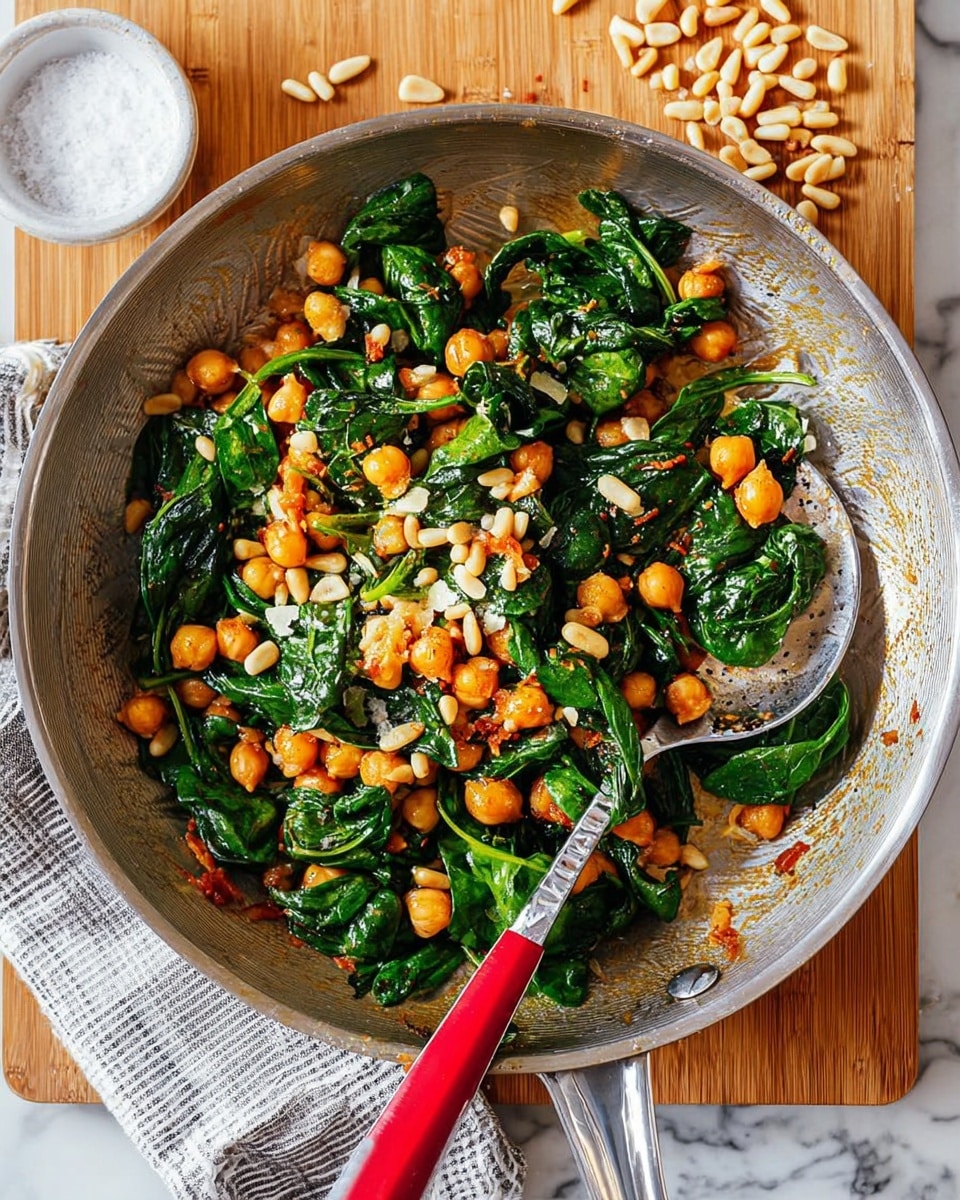 The image shows a metal pan filled with a colorful mix of cooked chickpeas, bright green spinach leaves, and light tan pine nuts. The chickpeas are golden and round, scattered evenly throughout, while the spinach leaves are fresh and glossy, adding a vibrant green color. The pine nuts are small and sprinkled on top, adding texture and a creamy hue. The pan sits on a wooden board with a white marbled surface underneath a gray and white checked cloth. A large metal spatula rests inside the pan among the ingredients, and some pine nuts are scattered near the pan on the board. Photo taken with an iphone --ar 4:5 --v 7