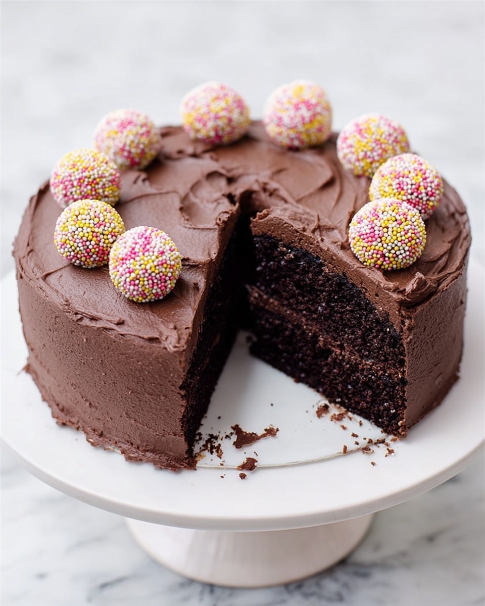 A round chocolate cake with smooth dark brown frosting covers the outside and top. The cake has one slice cut out, showing the moist, dark brown inside, with crumbs scattered near the edge. On top of the cake, there are nine round truffle-like balls covered in white, pink, and yellow small sprinkles, placed evenly around the edge. The cake sits on a white cake stand with a slightly raised edge and a single pedestal base. The background is a white marbled texture. photo taken with an iphone --ar 4:5 --v 7