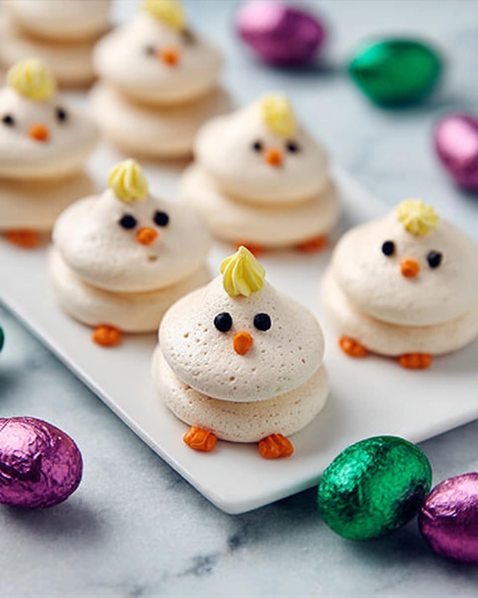 The image shows small meringue cookies shaped like baby chicks, each with two layers: a larger bottom layer with a smooth, slightly cracked white texture and a smaller top layer forming the chick's head with a peak at the top. The chicks have simple facial details drawn in bright colors, with yellow squiggles for feathers on top, black dots for eyes, and an orange V-shaped beak. Black lines at the base represent feet. They are placed on a white rectangular plate with rounded edges, set on a white marbled surface. Around the plate are small, shiny, colorful decorative eggs in purple, green, and copper colors. The photo is taken with an iphone --ar 4:5 --v 7