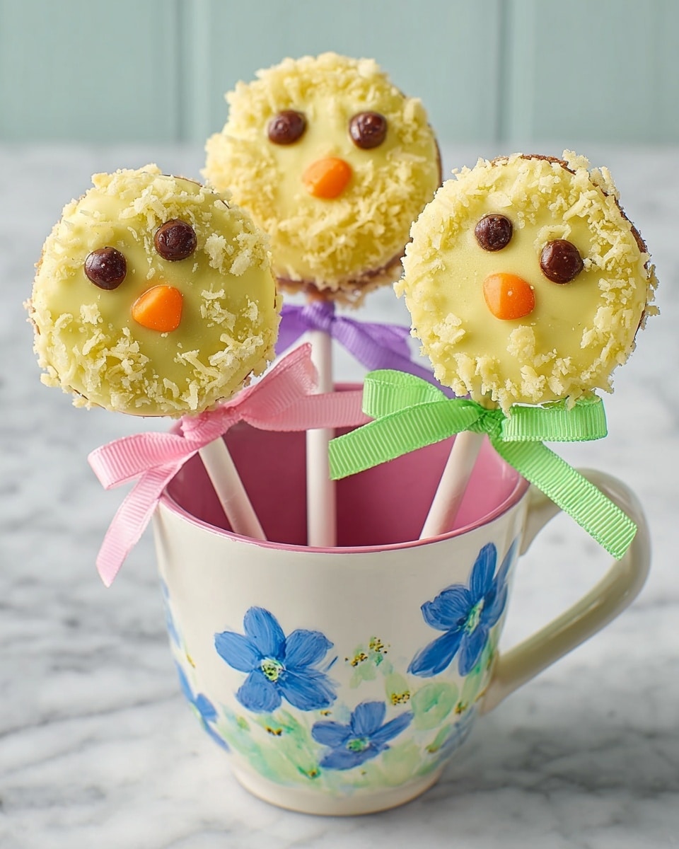 Three round cake pops each have a light brown cake base covered with light yellow shredded coconut, giving a fluffy texture on top. Each pop is decorated with two round dark chocolate pieces as eyes and one small orange candy piece as a beak, resembling birds' faces. Sticks in white hold the cake pops, with each stick tied with a small colorful ribbon: one green, one purple, and one pink. The cake pops stand inside a white cup decorated with blue on the outside and white daisy flowers with yellow centers all over it, placed on a white marbled surface. The background is soft and out of focus. Photo taken with an iphone --ar 4:5 --v 7