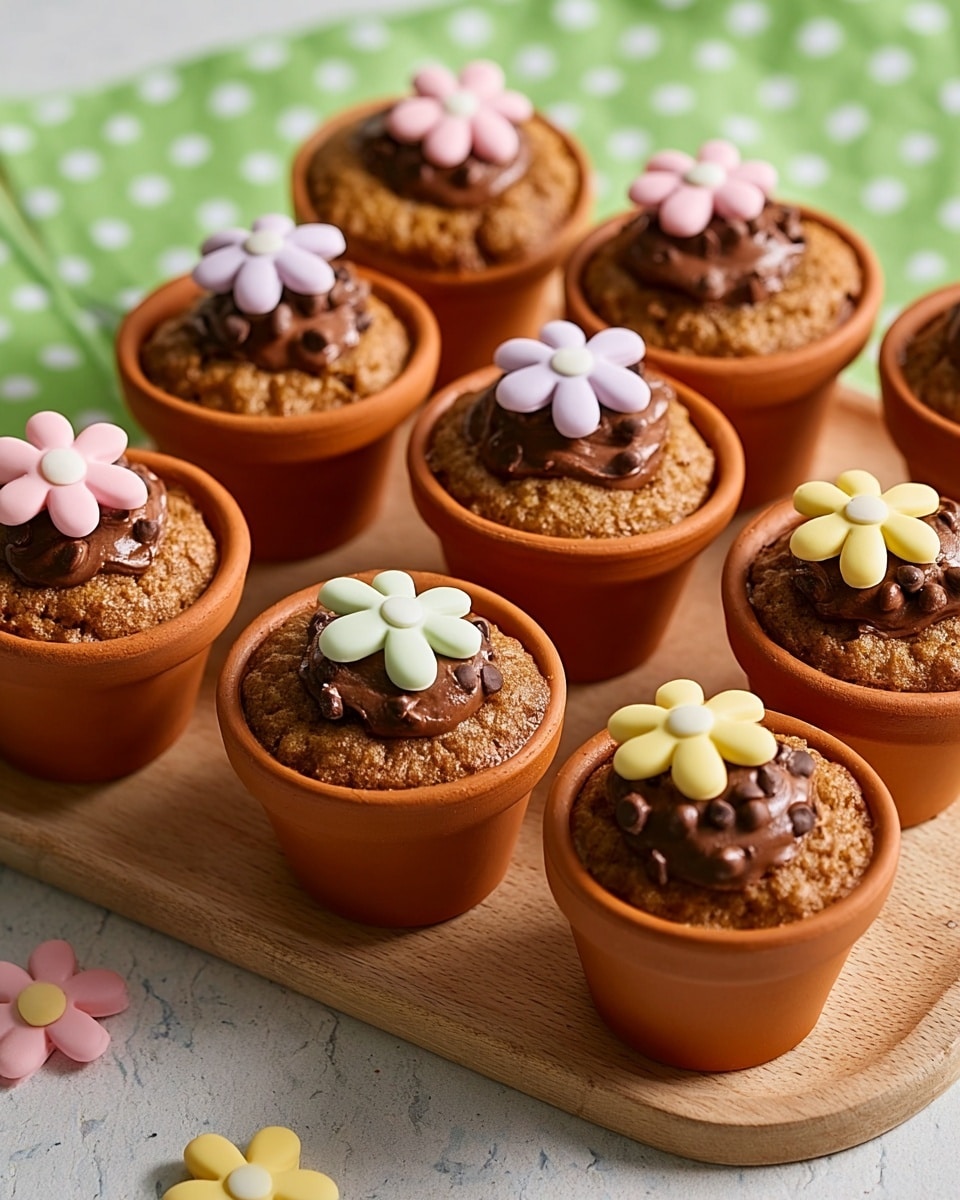 The image shows nine small cupcakes baked in orange terracotta pots placed closely together on a light wood tray. Each cupcake has a textured, slightly rough, brown top layer that looks like a baked cake surface. On top of each cupcake is a smooth, shiny layer of chocolate frosting with small round chocolate chips scattered in it. Each cupcake is decorated with one or two simple, flat flower shapes made of pastel-colored fondant in white, pink, yellow, or light purple, placed near the center or side of the frosting. Some fondant flowers also lie scattered on the white marbled surface next to the tray. In the background, a white marbled texture with a green cloth featuring white polka dots can be seen, adding a soft contrast to the warm colors of the cupcakes. photo taken with an iphone --ar 4:5 --v 7