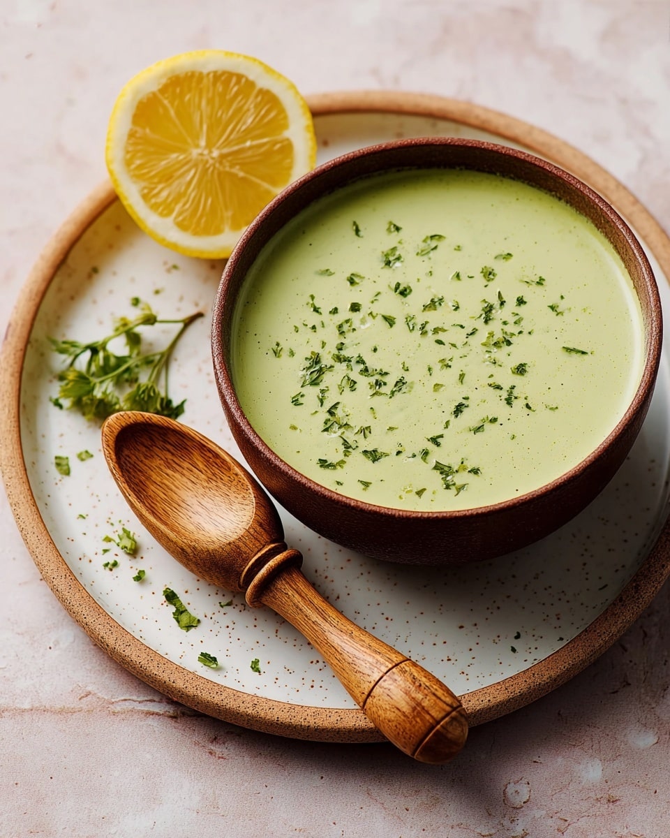 A smooth, light green sauce with small green herb pieces spread evenly on top fills a brown bowl, which sits on a speckled white plate. Next to the bowl, on the plate, is a half-cut lemon with bright yellow flesh and textured segments. In front of the plate lies a wooden lemon juicer with a rounded base and a smooth handle. The entire scene is set on a white marbled surface. Photo taken with an iphone --ar 4:5 --v 7