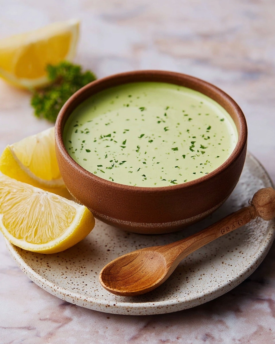 A brown bowl filled with a smooth light green soup sprinkled with small bits of green herbs on top, placed on a white plate with tiny speckles. Next to the bowl on the plate is a halved yellow lemon showing its juicy inside and a wooden citrus juicer with a carved tip. The whole setup is on a white marbled surface. Photo taken with an iphone --ar 4:5 --v 7