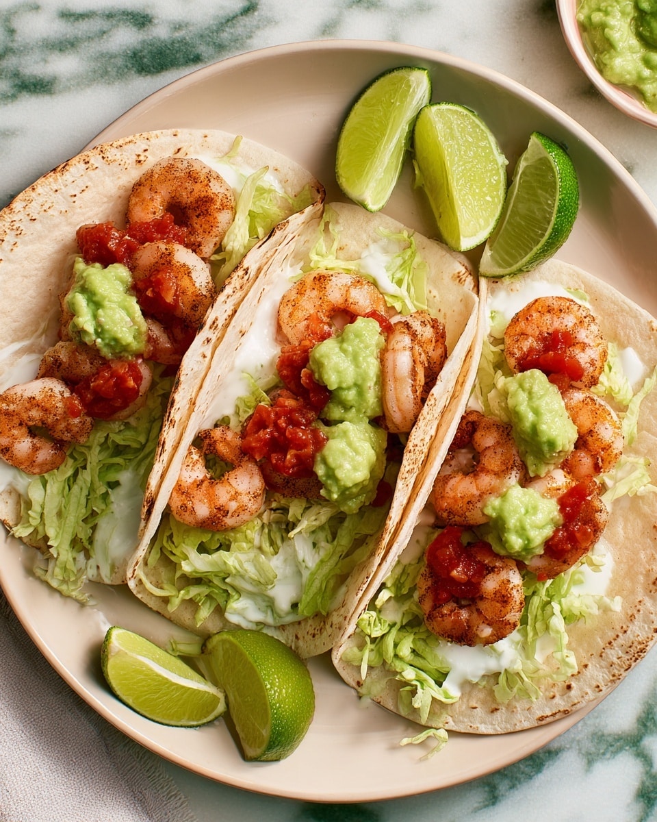 Three soft white flour tortillas are folded in half and placed on a white plate, each filled with several layers. The first layer inside the tortilla is a smooth white sauce spread evenly, followed by a layer of light green shredded lettuce. On top of the lettuce are pink, cooked shrimp sprinkled with black pepper. Small dollops of bright green guacamole are added, along with red salsa with chunks of tomato, creating a colorful contrast. On the plate next to the tacos, there are three wedges of fresh lime with a bright green rind and juicy interior. The plate sits on a white marbled surface with a soft, natural light illuminating the food. photo taken with an iphone --ar 4:5 --v 7