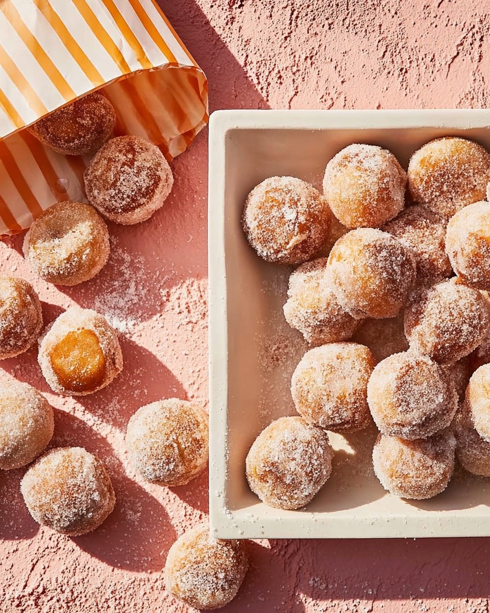 Small round doughnuts are covered with fine white sugar, showing a golden-orange base peeking out. Some doughnuts sit closely together in a white tray dusted with powdered sugar while others spill out of a striped paper bag onto a textured red mat underneath. A few doughnuts rest directly on the mat, casting soft shadows. The arrangement features a warm, natural light that highlights the sugar coating and golden color of the doughnuts. The background is a white marbled texture. photo taken with an iphone --ar 4:5 --v 7