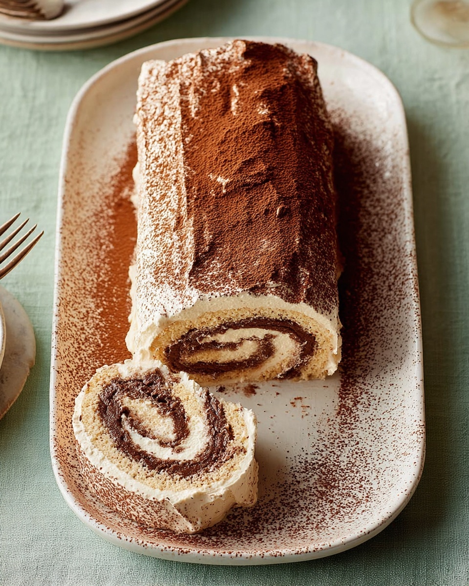 A rectangular rolled cake is placed on a white plate with a shiny surface, covered with a thick layer of cocoa powder that spills slightly onto the plate. The cake's roll reveals multiple layers inside: a light tan sponge cake swirling with a dark brown chocolate cream filling, surrounded by a pale cream layer with a soft texture. A slice of the cake is cut and placed at the front of the plate, showing the spiral pattern clearly. The background is a white marbled texture with a soft light casting gentle shadows. photo taken with an iphone --ar 4:5 --v 7