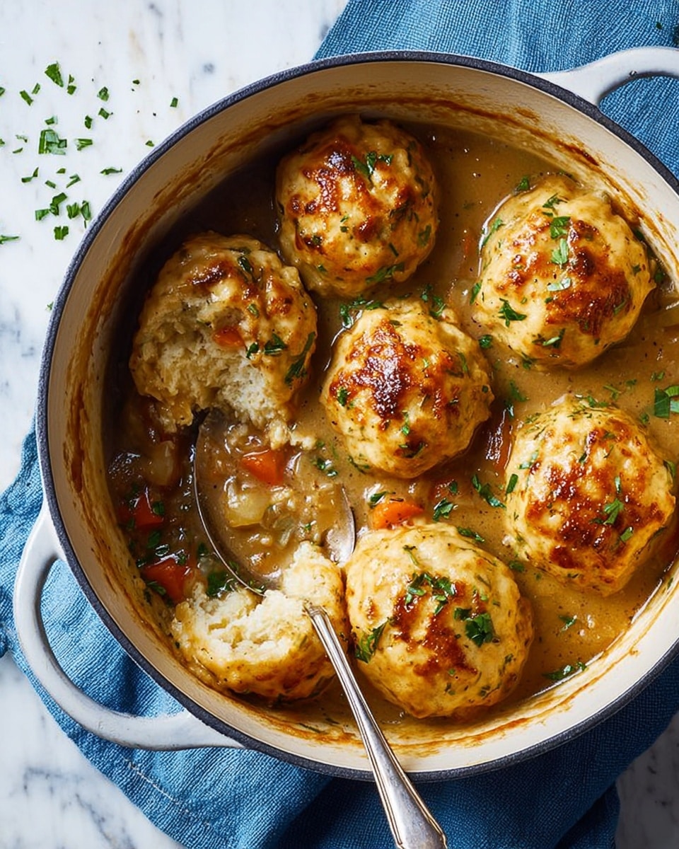 A round pot contains seven golden-brown dumplings with a soft, slightly textured surface, sitting in a thick, orange-brown gravy sprinkled with chopped green herbs. One dumpling is partially scooped by a metal spoon with a long handle resting inside the pot. The pot is placed on a blue cloth over a white marbled textured surface. Small bits of green herbs are scattered on the surface around the pot. photo taken with an iphone --ar 4:5 --v 7