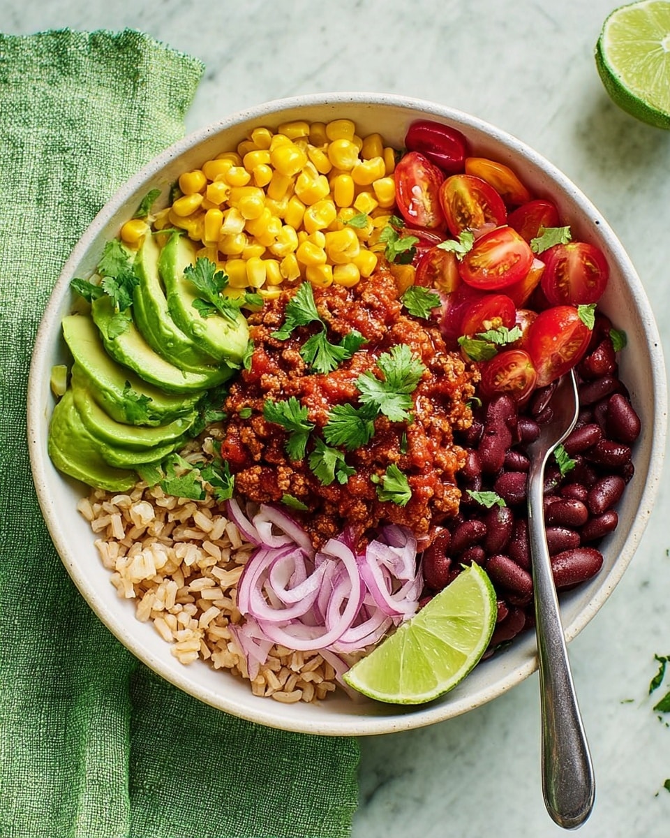 A white bowl sits on a white marbled surface, filled with a base layer of light brown rice covering the entire bottom. On top of the rice, there are five separate toppings arranged around the bowl: bright yellow corn kernels at the top left, halved red cherry tomatoes with cilantro leaves next to the corn, a small pile of shiny black beans to the right, thinly sliced purple onions nearby, and a scoop of reddish-brown cooked ground meat with some red pieces in the center. On the left side, several slices of green avocado fan out over the rice. A small lime wedge rests on the bottom right edge of the bowl. A metal spoon is placed inside the bowl near the avocado. Fresh green cilantro leaves are scattered on the toppings. A green cloth napkin is placed at the bottom right corner of the frame. Photo taken with an iphone --ar 4:5 --v 7