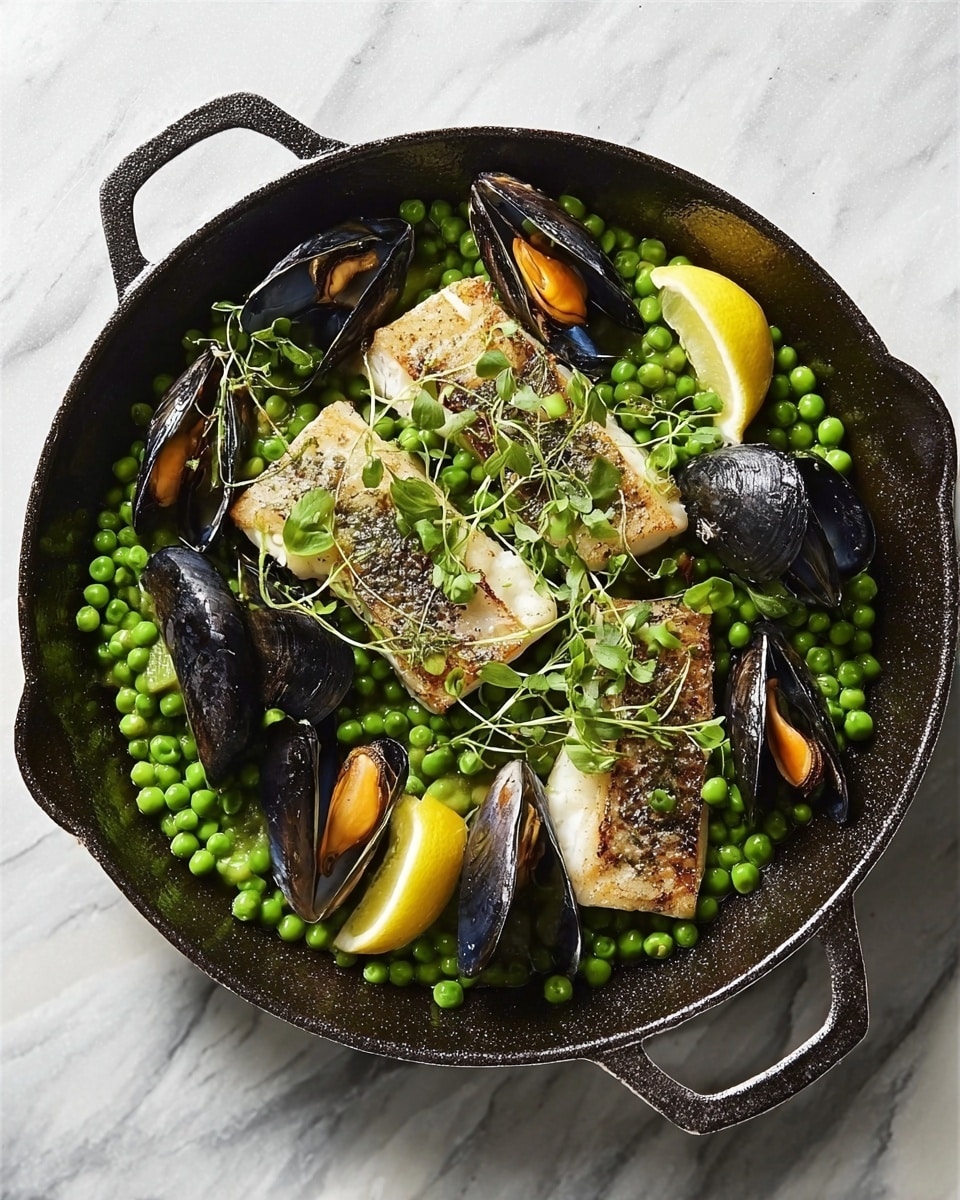 A black cast iron pan sits on a white marbled surface filled with a seafood dish. The bottom layer consists of bright green peas scattered evenly across the pan. On top of the peas, there are three pieces of cooked white fish fillets, lightly browned on the edges, laid flat. Around and partially on the fish, dark blue-black mussel shells with orange flesh inside are arranged in a scattered, natural way. Two bright yellow lemon wedges are placed inside the pan, adding contrast to the darker colors. Small green sprouts are delicately placed on top for garnish. The scene is crisp and natural, showing fresh, simple, and colorful ingredients. Photo taken with an iphone --ar 4:5 --v 7