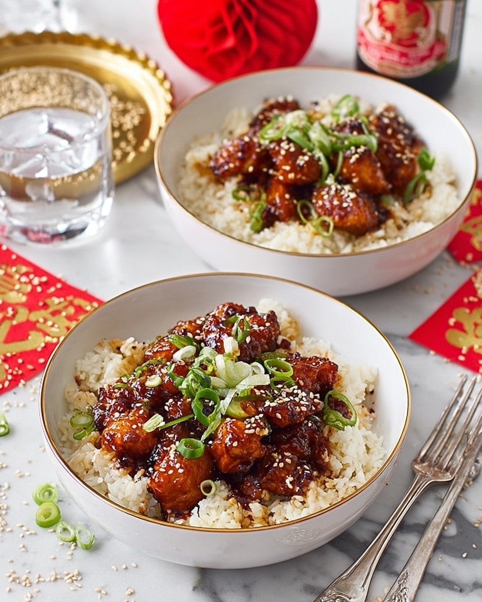 Two white bowls with a gold inside hold a dish made of sticky rice and pieces of glazed chicken. The chicken is brown with a shiny sauce, sprinkled with sesame seeds and green onion slices on top. The rice looks soft and light in color, filling the bottom half of each bowl. The bowls sit on a white marbled surface, with a gold tray holding a glass of water and bottles nearby. Red and gold decorations lie beside the bowls, and a white fork is placed to the right. Photo taken with an iphone --ar 4:5 --v 7