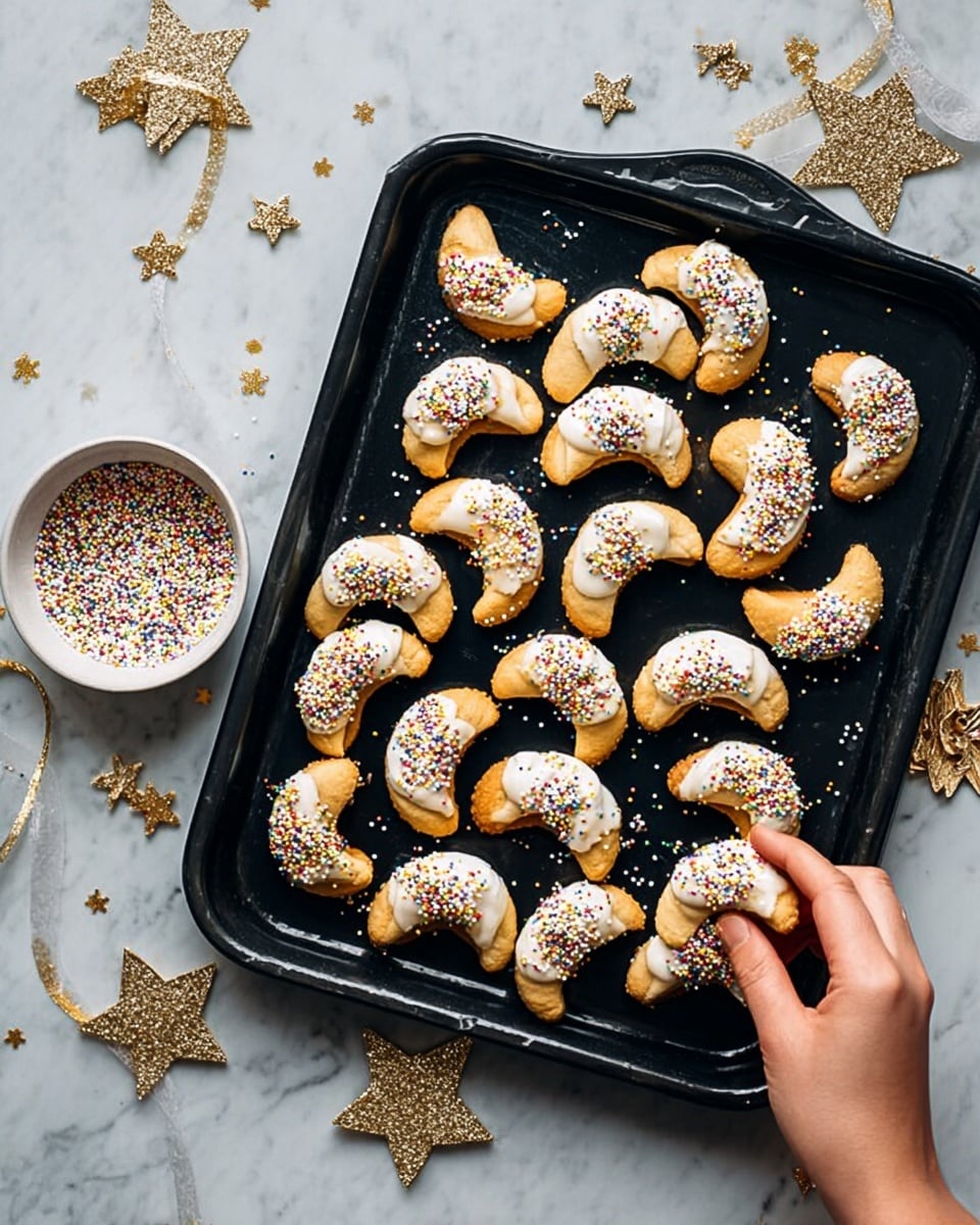 The image shows a dark metal tray with about 15 crescent-shaped cookies on it. Each cookie is half dipped in white chocolate and sprinkled with a mix of colorful toppings, mostly orange, black, and white. A small white bowl with more of these toppings is placed on the lower left of the tray. A woman's hands are gently holding one cookie on the right side of the tray. The background is a white marbled texture with golden star decorations scattered around. photo taken with an iphone --ar 4:5 --v 7
