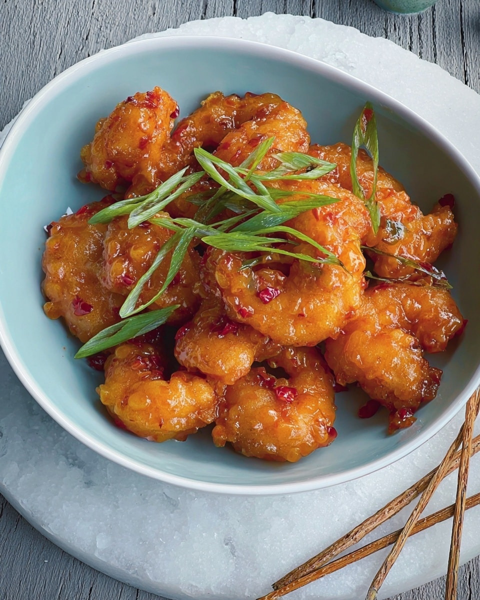 The image shows a white bowl filled with golden-brown fried shrimp coated in a shiny, slightly sticky sauce. The shrimp pieces are layered closely together, each one covered with a glaze that has a mix of orange and reddish tones. Scattered thin green slices of fresh scallions sit on top, adding a bright contrast. The white bowl rests on a larger light blue ceramic plate, which is placed on a white marbled surface. Nearby, there are light beige bamboo skewers arranged casually at the side. photo taken with an iphone --ar 4:5 --v 7