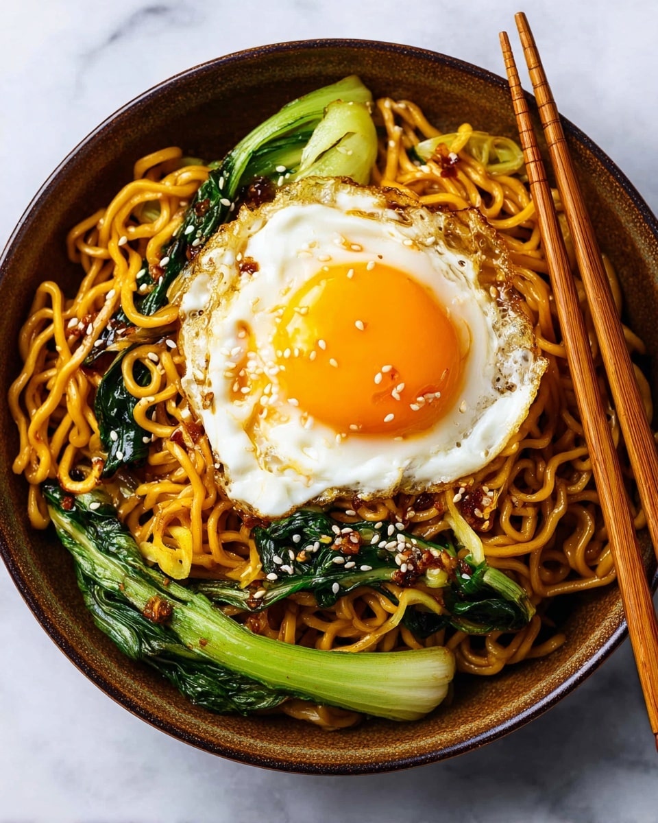 A bowl filled with twisted yellow noodles as the base layer, mixed with dark green leafy bok choy pieces, creating a mix of chewy and fresh textures. On top of the noodles, there is a sunny-side-up egg with a bright orange yolk and crispy white edges, sprinkled with small light brown sesame seeds and bits of dark chili flakes for extra color and texture. The bowl is white with a simple, smooth design and rests on a white marbled surface next to a pair of wooden chopsticks. photo taken with an iphone --ar 4:5 --v 7