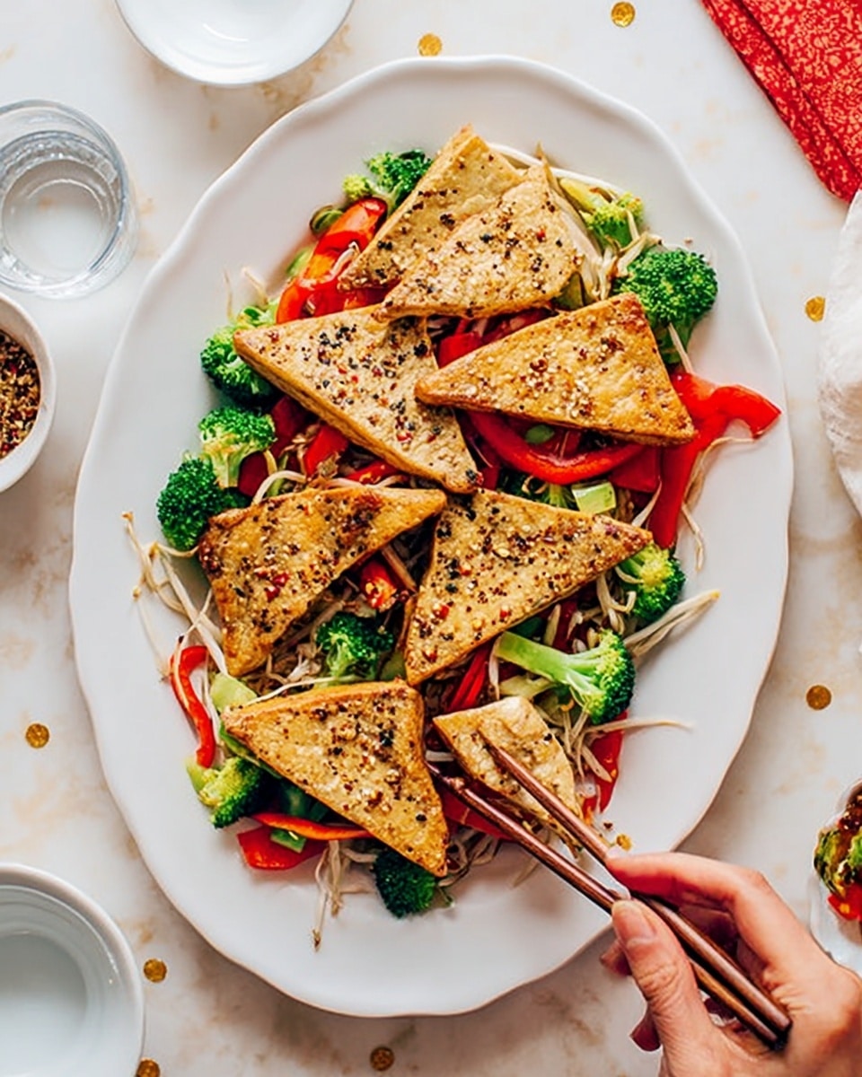 A white oval plate holds six toasted triangular pieces of tofu with a crispy, seasoned outer layer. The tofu pieces are arranged over a bed of colorful vegetables including bright green broccoli florets, thin red bell pepper slices, and light brown bean sprouts. The tofu’s edges are golden brown with darker seasoning specks, giving a crunchy look. A woman's hand with wooden chopsticks is picking up one tofu triangle from the right side of the plate, while another woman's hand with a fork is at the bottom. The plate rests on a white marbled surface with small hints of texture. Nearby, there’s a small white bowl with dark sauce and a glass of water. Photo taken with an iphone --ar 4:5 --v 7