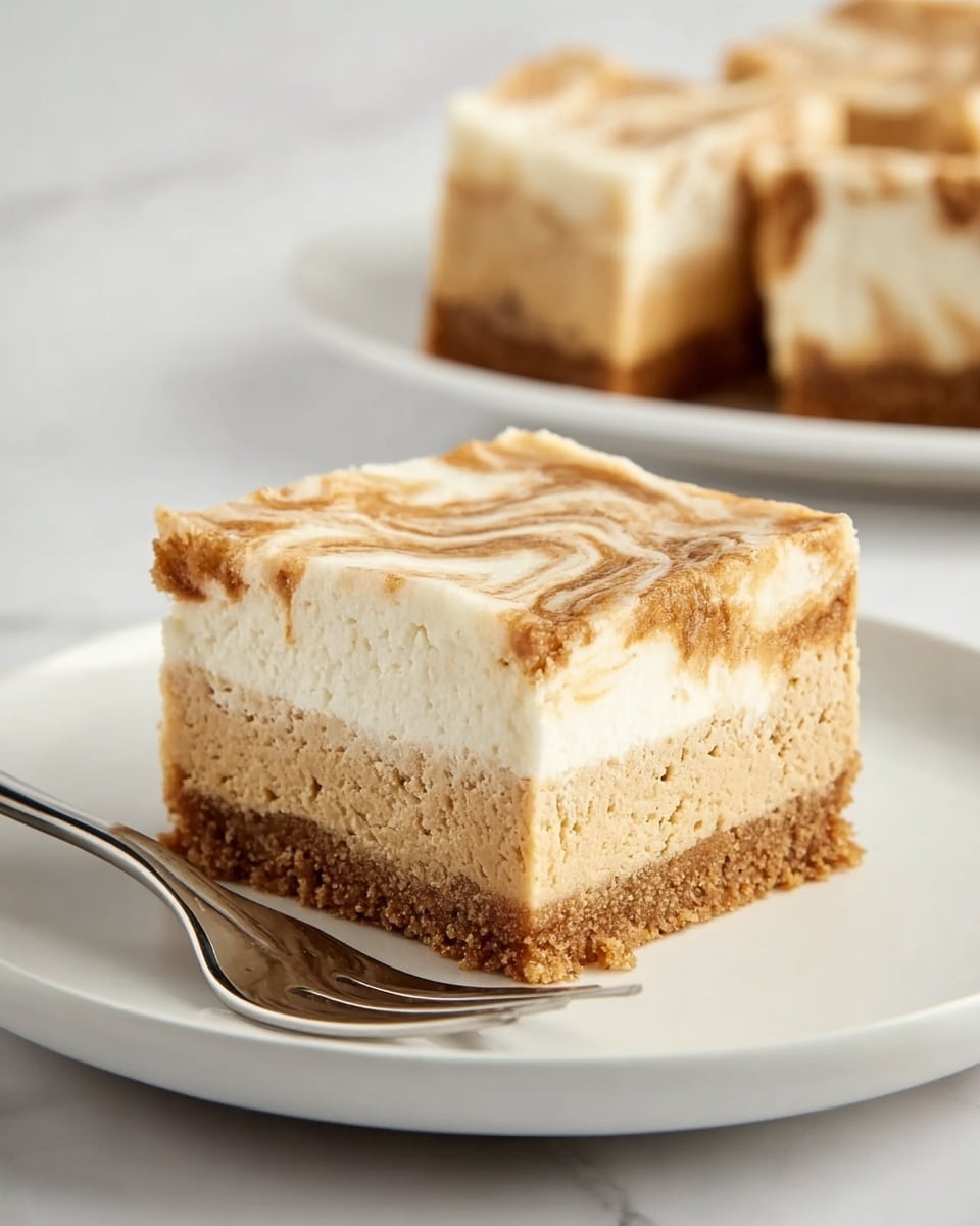 A three-layered square dessert is shown on a white plate with a silver fork to the right side. The bottom layer is a dense, crumbly brown crust. Above it is a thick, light beige layer with a soft texture. The top layer is creamy white with light brown swirls, creating a marbled pattern across its surface. In the background, slightly blurred, is a white plate holding more pieces of the same dessert, all placed on a white marbled surface. photo taken with an iphone --ar 4:5 --v 7