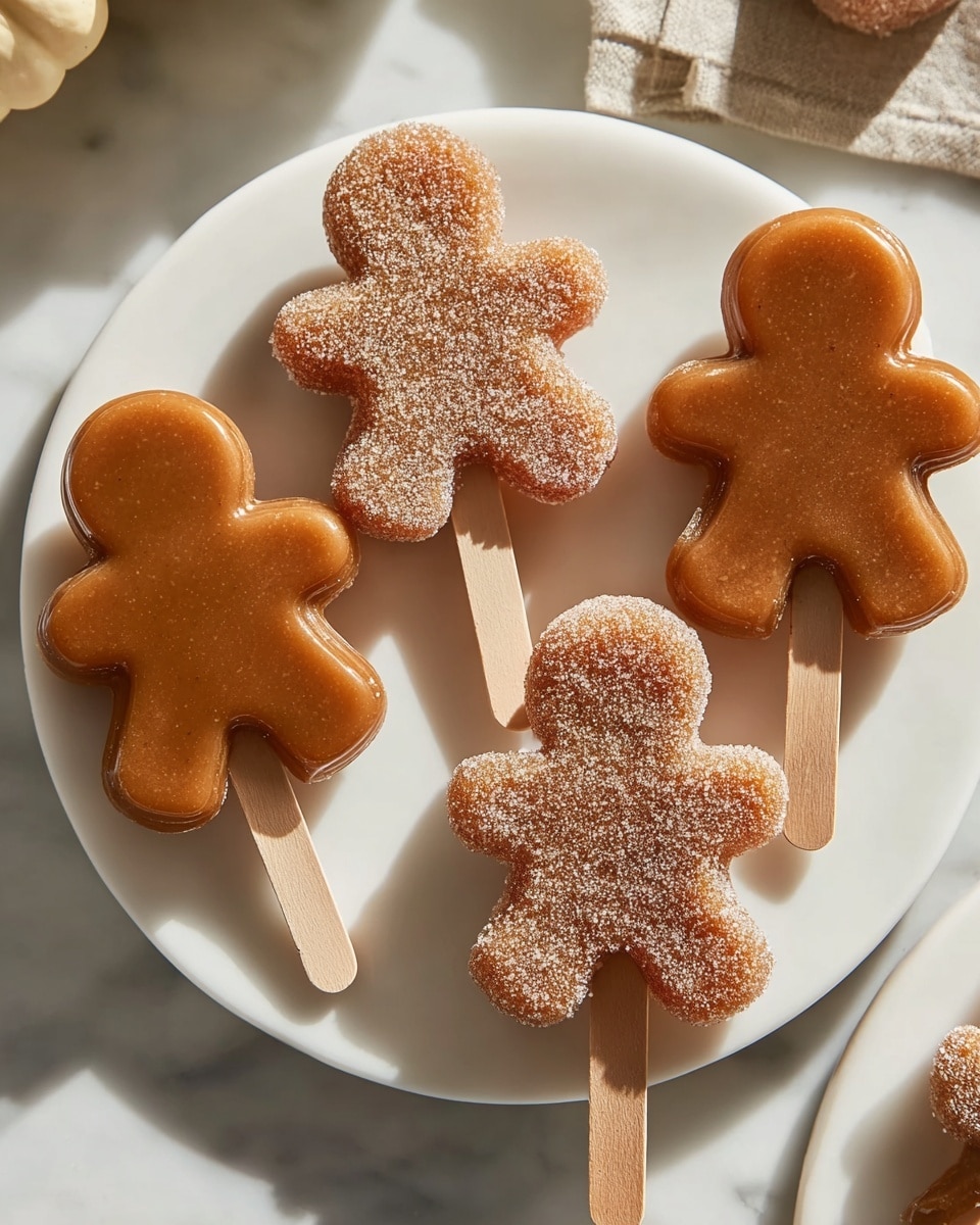 The image shows five gingerbread man-shaped popsicles standing upright on a white round plate placed on a white marbled surface. Three of the popsicles are smooth and shiny with a warm brown color, while the other two have a grainy sugar coating that adds a frosted texture, giving them a lighter brown appearance. Each popsicle has a beige wooden stick inserted at the bottom for holding. The plate is simple and clean, with slight shadows cast by the popsicles, and in the background, a blurred orange pumpkin sits on a wooden board. Photo taken with an iphone --ar 4:5 --v 7