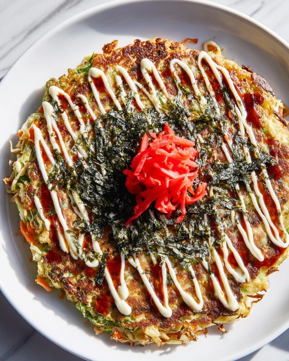 A round savory pancake with a golden-brown base mixed with visible pieces of green cabbage and orange carrot, placed on a white plate. The top surface is decorated with alternating zigzag lines of creamy white mayonnaise and reddish-brown sauce. Thin, dark green strips of seaweed are scattered evenly over the pancake, and a small pile of bright red pickled ginger sits in the center. The plate rests on a white marbled surface. photo taken with an iphone --ar 4:5 --v 7
