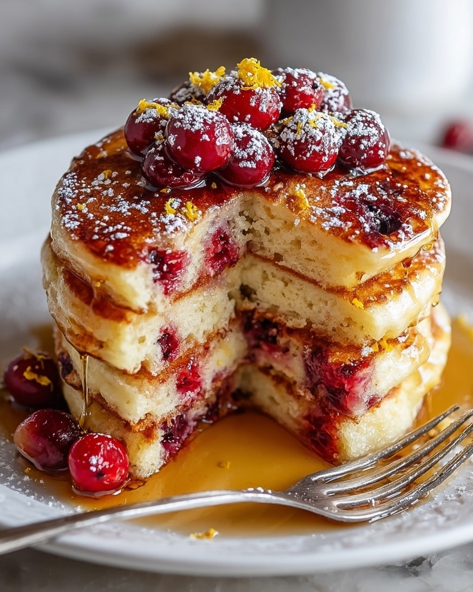 A stack of three thick, soft pancakes with a golden-brown crust sits on a white plate. The pancakes are full of bright red berries inside, visible where a wedge has been cut out, showing the fluffy white texture with embedded fruit. On top of the stack, there is a cluster of shiny, fresh red berries dusted with powdered sugar and small pieces of yellow zest. Syrup glistens and flows down the sides of the pancakes, pooling on the plate. A silver fork rests near the edge of the plate, all placed on a white marbled surface. Photo taken with an iphone --ar 4:5 --v 7