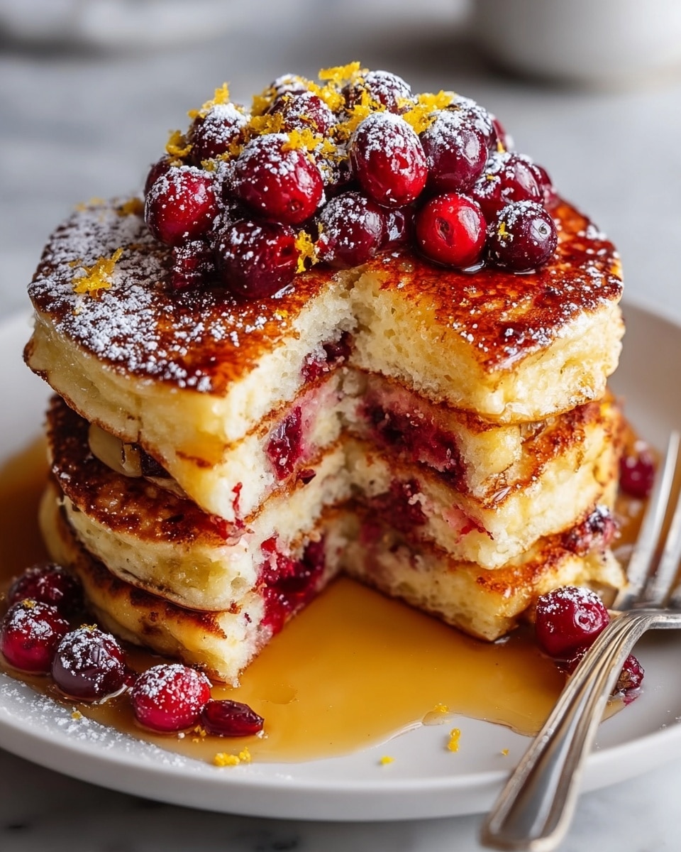 A stack of three thick, fluffy pancakes is shown on a white plate sitting on a white marbled surface. Each pancake layer is light golden brown with a soft, airy inside spotted with red berries baked into the batter. The middle pancake is cut slightly to reveal the inside, showing the juicy berries well distributed in all three layers. The top pancake is covered with a glossy layer of syrup that drips down the sides and pools around the stack. Bright red fresh berries are placed on top, dusted lightly with white powdered sugar and small yellow zest flakes scattered over everything. A silver fork lies on the edge of the plate with syrup near the handle. photo taken with an iphone --ar 4:5 --v 7