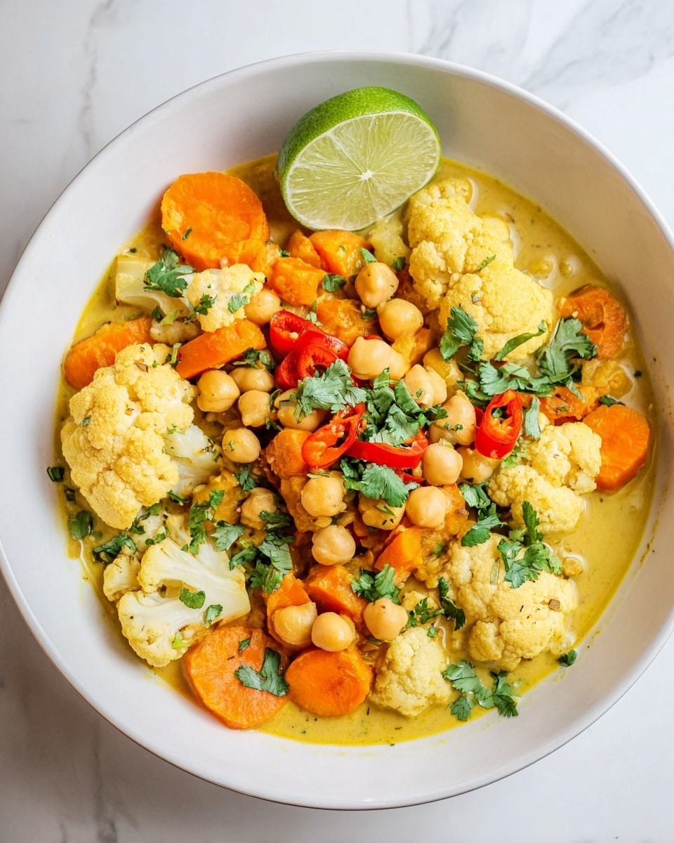 A white bowl filled with a vibrant vegetable curry, showing three main layers: a base layer of creamy yellow sauce, a middle layer of chopped orange carrots and beige chickpeas scattered evenly, and large pieces of pale yellow cauliflower on top. Bright red pepper slices and fresh green cilantro leaves are spread across the dish, adding color contrast. On the right edge of the bowl, a fresh half lime rests, showing its bright green inside. The bowl sits on a white marbled surface. photo taken with an iphone --ar 4:5 --v 7