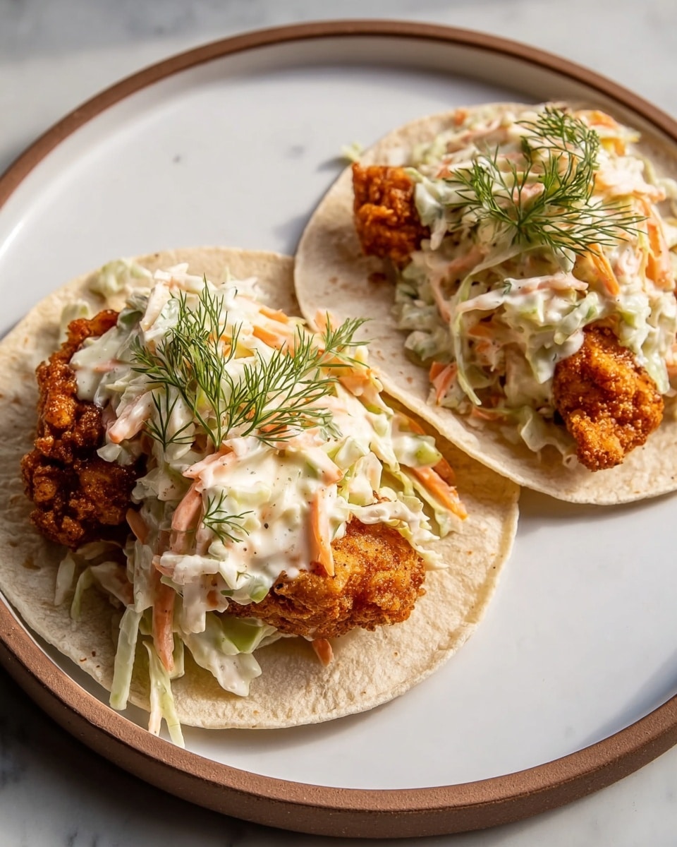 Two soft corn tortillas lie flat on a white plate with a brown rim, placed on a white marbled surface. Each tortilla holds a single piece of crispy, golden-brown fried chicken with a rough, crunchy texture. On top of the chicken is a heap of creamy coleslaw made of thinly shredded pale green cabbage and orange carrot strips, all coated in white dressing. A small sprig of fresh green dill rests on the slaw on each taco, adding a delicate touch. The light shines from the right, casting soft shadows and highlighting the textures. Photo taken with an iphone --ar 4:5 --v 7