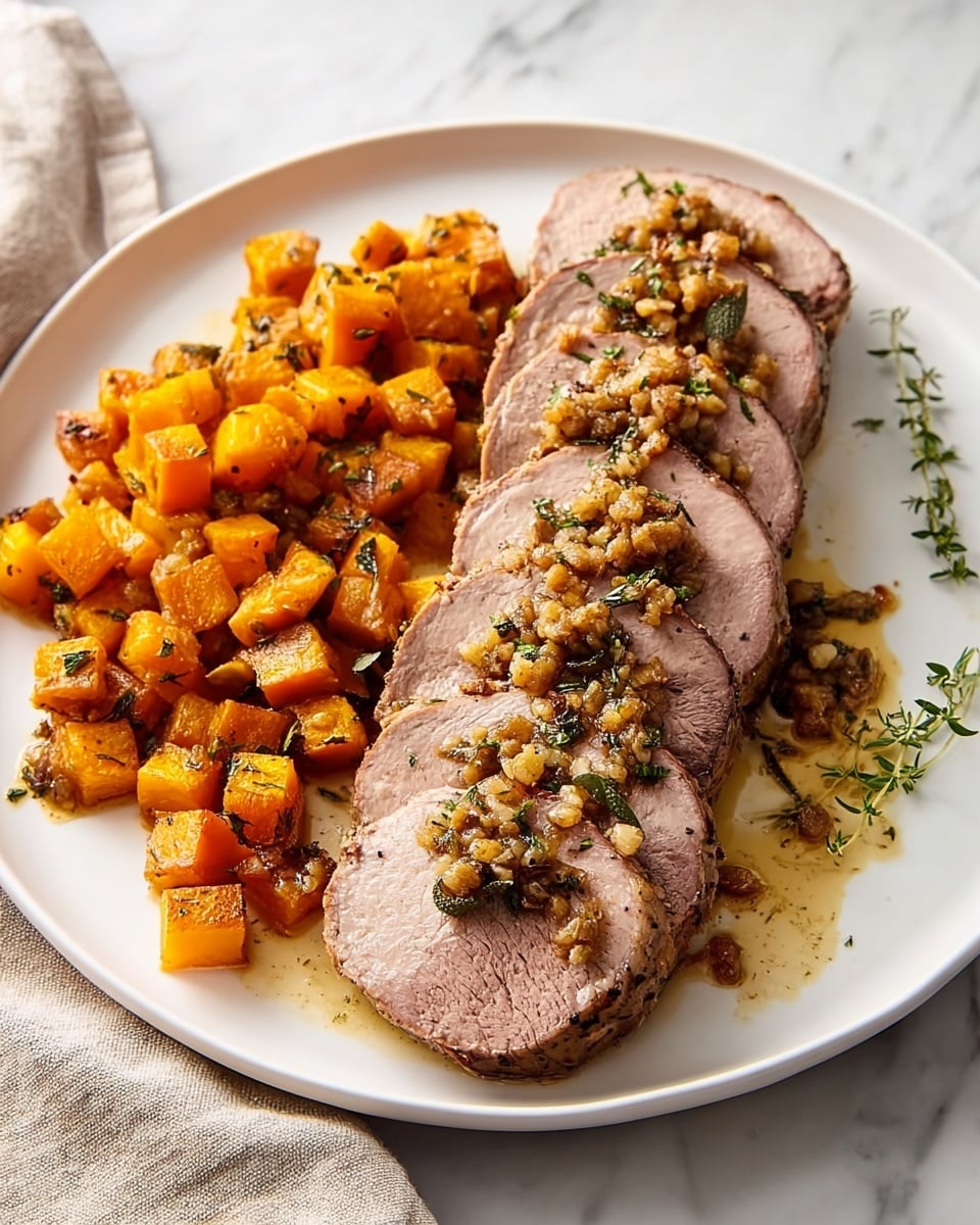 A white plate on a white marbled surface holds a dish with two main layers: the bottom layer is made of small golden-orange roasted butternut squash cubes with a slightly crispy texture and scattered green herbs, while the top layer features six slices of cooked pork tenderloin arranged in a straight line, each slice showing a light pink center and seared brown outer edges. The pork slices are topped with a chunky garlic and herb sauce, with visible bits of minced garlic and fresh sprigs of rosemary and thyme. The dish glistens slightly as if drizzled with a light sauce. Photo taken with an iphone --ar 4:5 --v 7