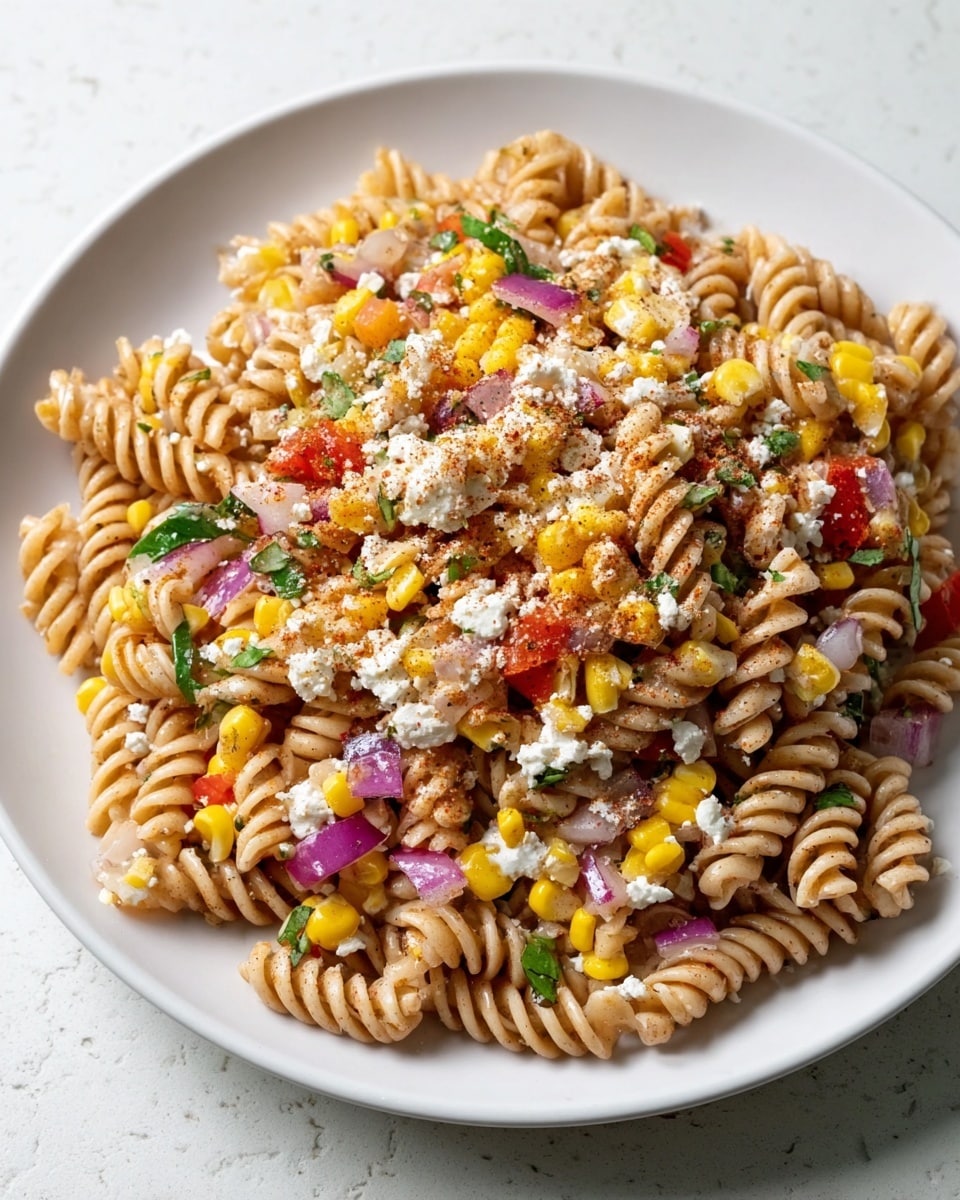 A white round plate filled with short spiral pasta in a light brown color, mixed with bright yellow corn kernels, small red bell pepper slices, and small pieces of red onion. There are bits of white cheese sprinkled on top, along with finely chopped green herbs scattered evenly across the dish. The pasta has a textured seasoning of reddish-brown powder lightly dusted over it, giving a slightly spicy visual effect. The plate rests on a white marbled surface, and the arrangement shows the ingredients well mixed but still distinct. photo taken with an iphone --ar 4:5 --v 7