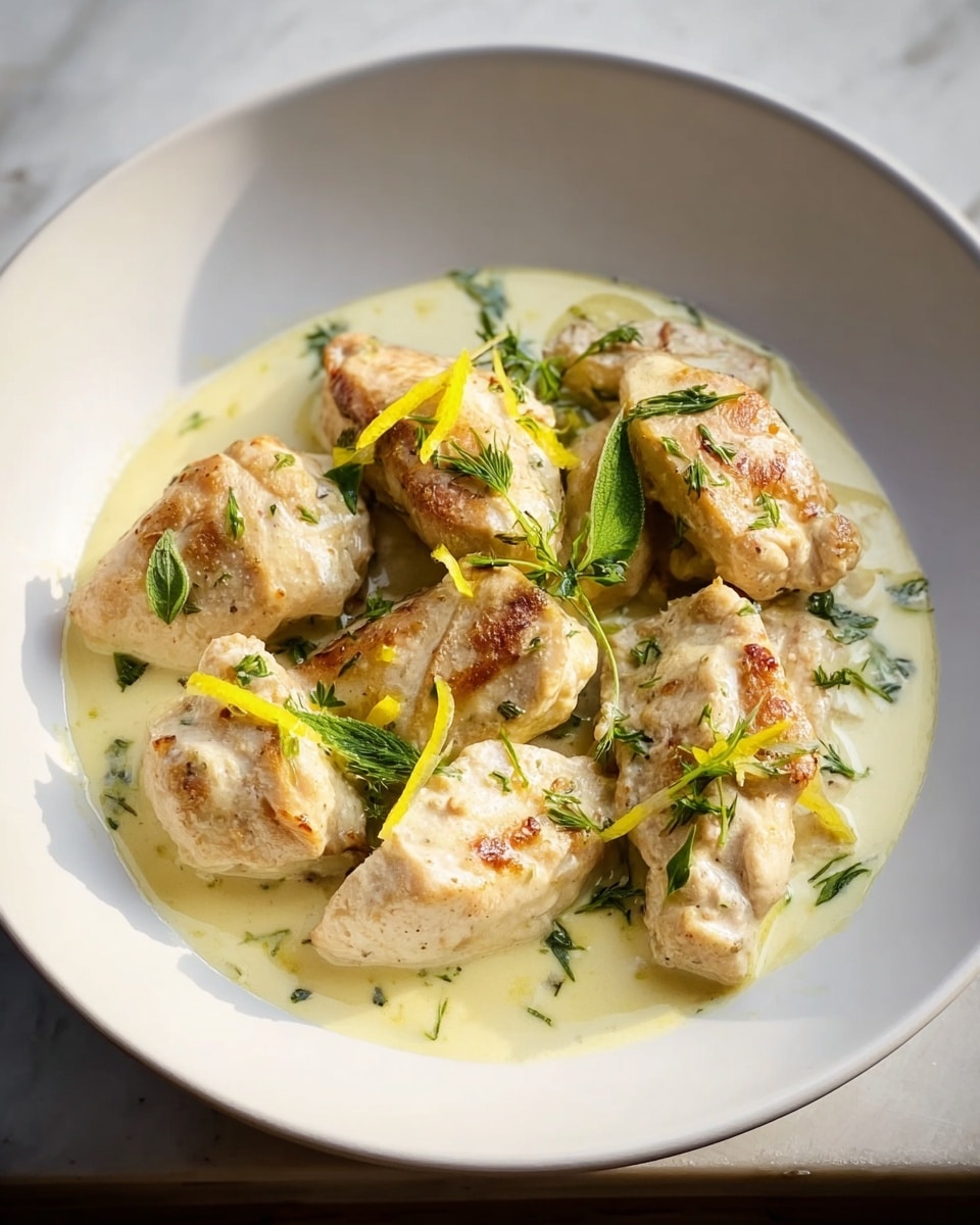 The dish shows a white plate with tender chunks of light brown cooked meat, each piece coated in a creamy, pale yellow sauce that pools around the base. The meat pieces have a slightly browned texture on their edges. On top, there are thin strands of bright yellow lemon zest and small sprigs of fresh green herbs scattered, adding color contrast. The sauce looks smooth and rich, with tiny specks of herbs visible within it. The plate is set against a white marbled surface. photo taken with an iphone --ar 4:5 --v 7