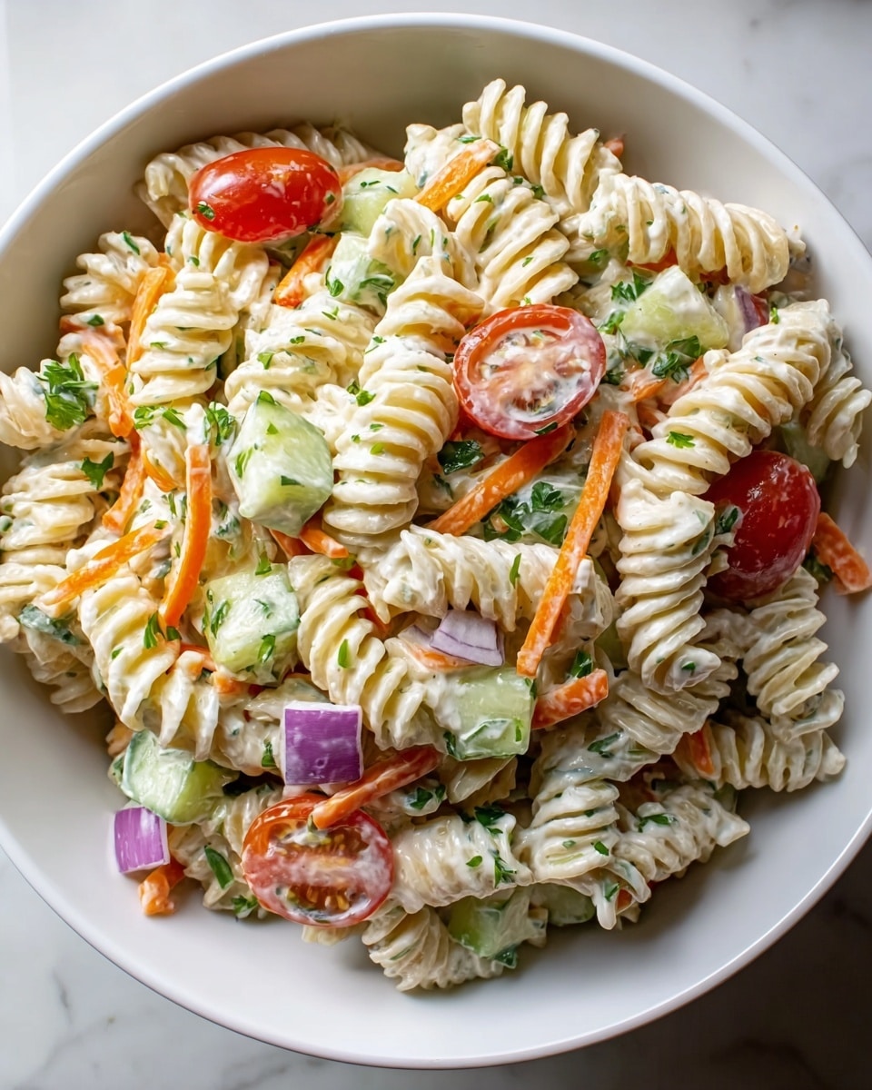 The dish is a creamy pasta salad served in a white bowl, showing about three layers subtly mixed together. The base layer is light beige rotini pasta, with its spiral shapes creating texture. Mixed throughout are small pieces of bright orange shredded carrot and chunks of green cucumber, adding fresh color and crunch. Scattered among the pasta are small pieces of purple onion and halved shiny red cherry tomatoes, providing contrast in color and shape. The entire salad is coated in a thick, creamy white sauce, with fresh green parsley leaves sprinkled on top for garnish. The bowl sits on a white marbled surface. photo taken with an iphone --ar 4:5 --v 7