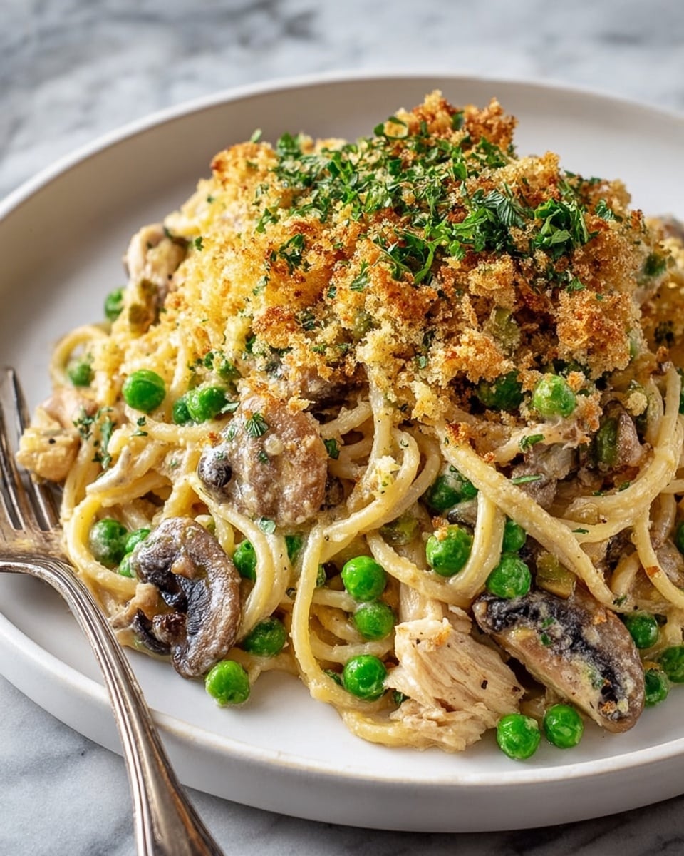 A serving of baked spaghetti is shown on a white plate, placed on a white marbled surface. The dish has three main layers: the bottom layer is creamy spaghetti noodles mixed with light brown pieces of chicken and green peas, the middle layer contains sliced brown mushrooms mixed with the noodles and sauce, and the top layer features a golden-brown bread crumb crust sprinkled with chopped green herbs. The texture of the top layer looks crunchy, while the layers below appear soft and creamy. A silver fork is placed beside the dish on the plate. photo taken with an iphone --ar 4:5 --v 7