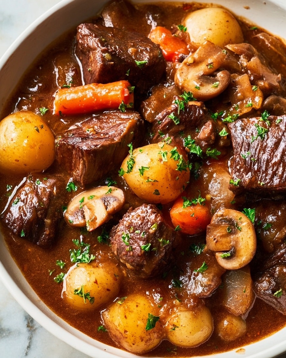 A close-up view of a hearty beef stew served in a white bowl on a white marbled surface, showing thick dark brown chunks of tender meat evenly mixed with whole small brown mushrooms, golden baby potatoes, and bright orange carrot slices. The ingredients are coated in a rich, glossy brown sauce with some small green parsley pieces sprinkled on top for color. The texture looks moist and slightly chunky, highlighting the softness of the cooked vegetables and the juiciness of the beef. photo taken with an iphone --ar 4:5 --v 7