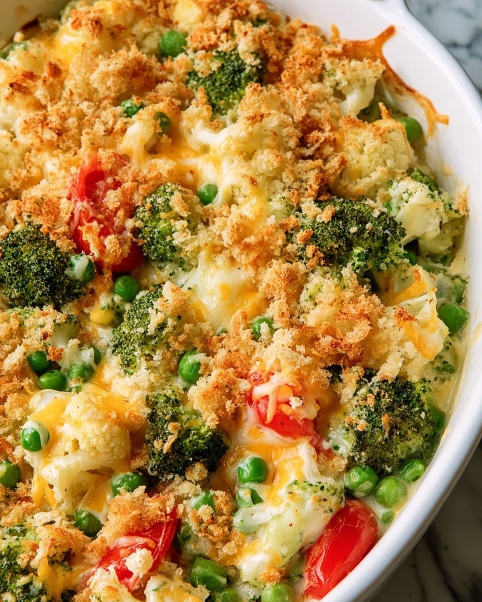 The dish is a colorful vegetable casserole in a white ceramic baking dish. The bottom layer shows vibrant green broccoli and florets of white cauliflower mixed with small bright green peas. On top of this vegetable layer, there are chunks of red tomatoes adding a pop of color. The entire dish is covered with melted cheese in shades of pale yellow and light golden brown, with a crunchy breadcrumb topping that is evenly browned for texture. The casserole looks freshly baked with the cheese bubbling slightly around the edges. The background is a white marbled surface photo taken with an iphone --ar 4:5 --v 7