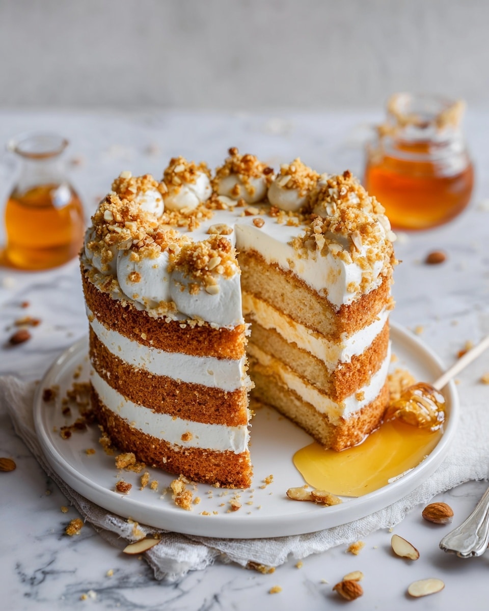 A three-layer round cake with a hole in the center, each layer showing light brown sponge cake separated by smooth white cream. The top layer is covered with white cream, sprinkled with light golden crumbs and chopped nuts around the edge. In the center hole, there is a small jar filled with golden honey, with some honey spilled on the white plate surrounding the cake. The surface under the plate has a white marbled texture. photo taken with an iphone --ar 4:5 --v 7