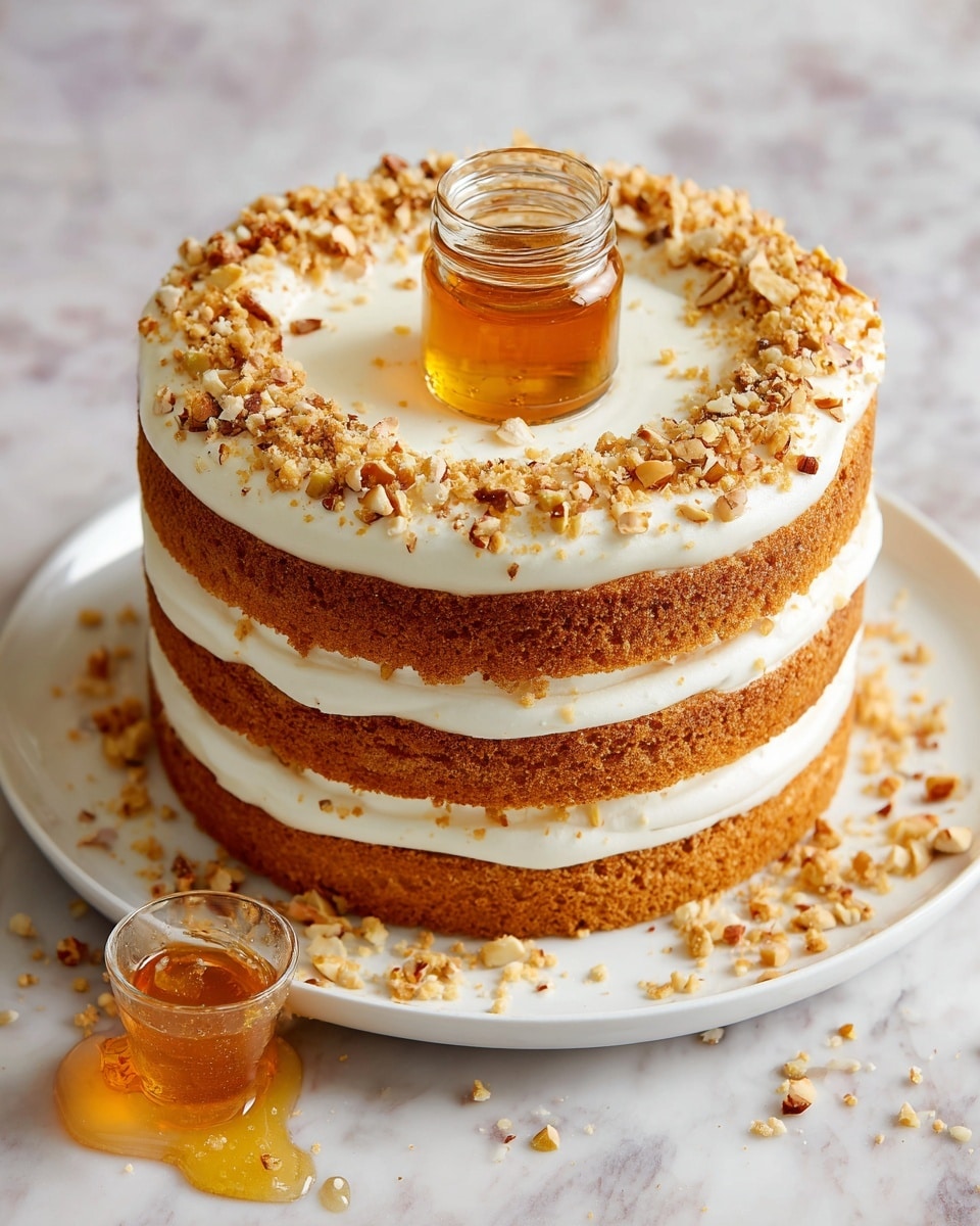 A three-layer round cake with a hole in the middle is shown from above, placed on a white plate over a white marbled surface. Each cake layer is light brown with a soft texture, separated by thick white cream layers. The top layer is decorated with white cream, sprinkled with golden brown crumb bits and chopped almond pieces. In the center hole, there is a small glass bottle filled with golden honey. Some chopped almonds and crumbs are scattered on the plate, and a puddle of honey is on the right side of the plate. Photo taken with an iphone --ar 4:5 --v 7